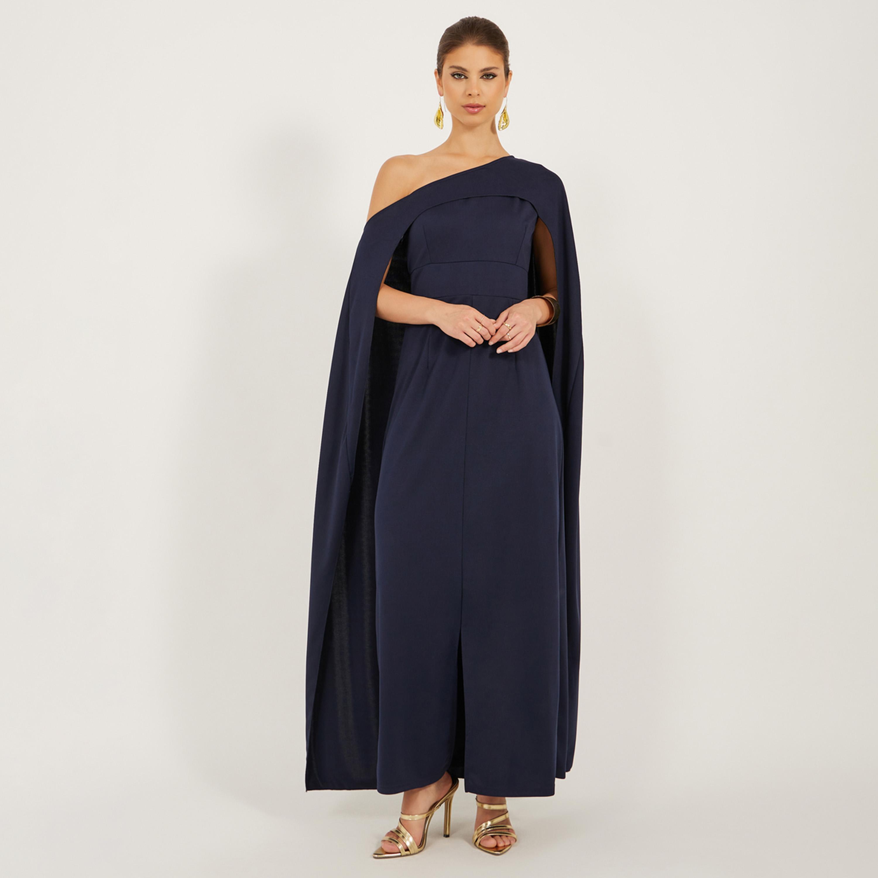Styli Solid One Shoulder Cape Sleeve Maxi Dress-women-clothing-dresses-image-2