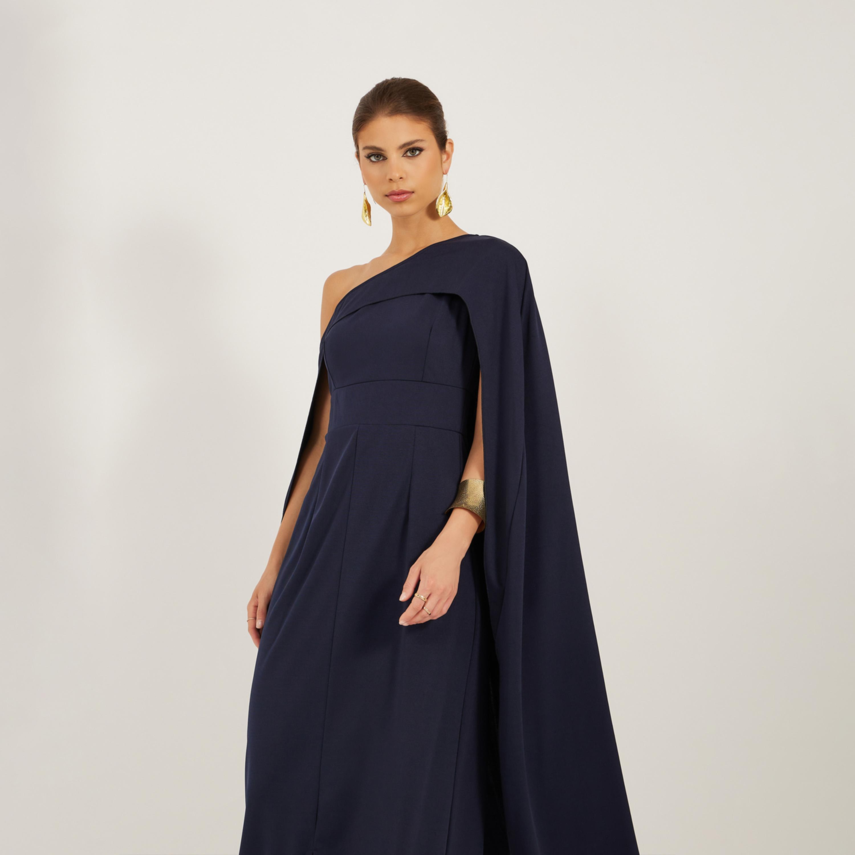 Styli Solid One Shoulder Cape Sleeve Maxi Dress-women-clothing-dresses-image-3