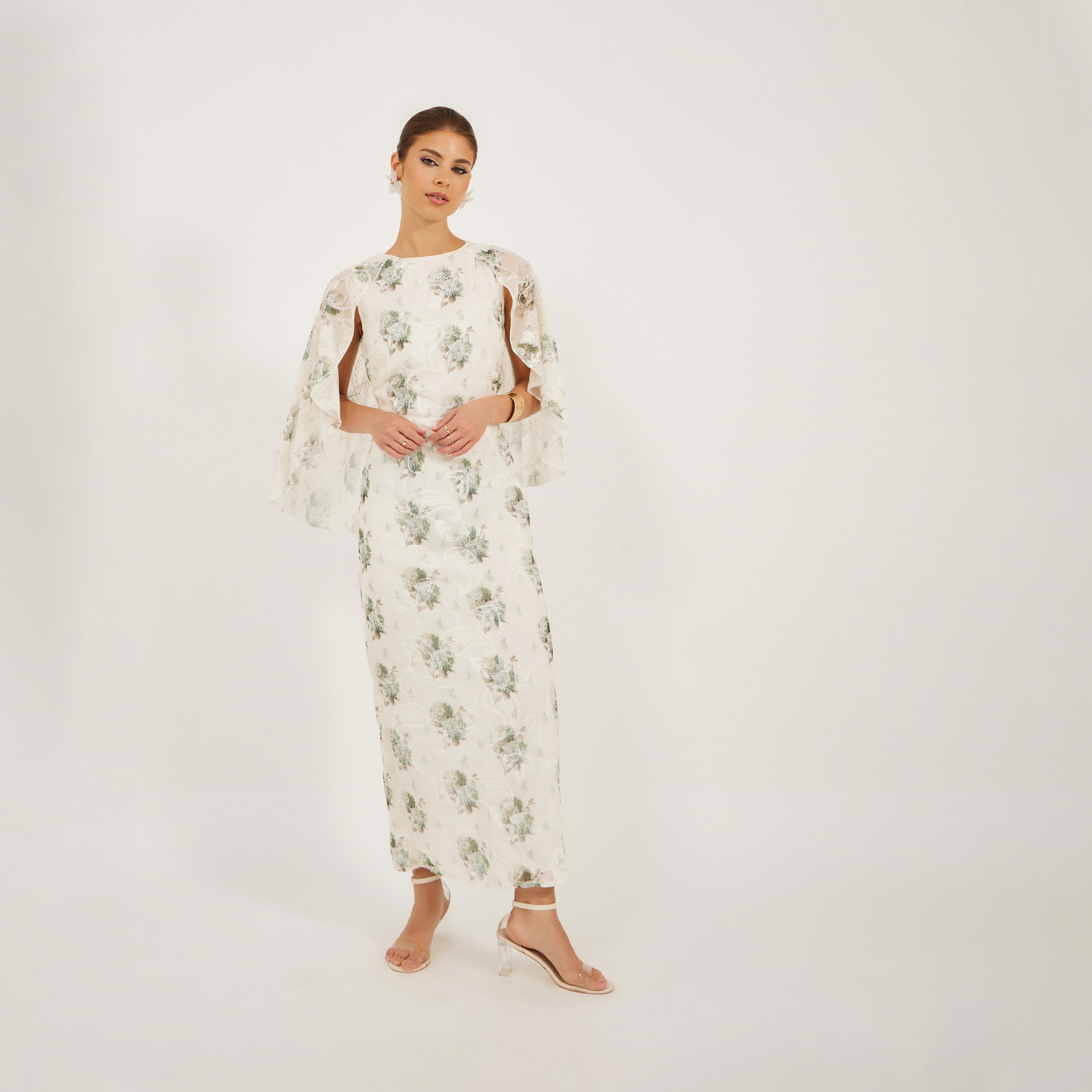 ستايلي - فستان ماكسي بأكمام كيب وطبعة زهور مطرزة-women-clothing-dresses-image-2