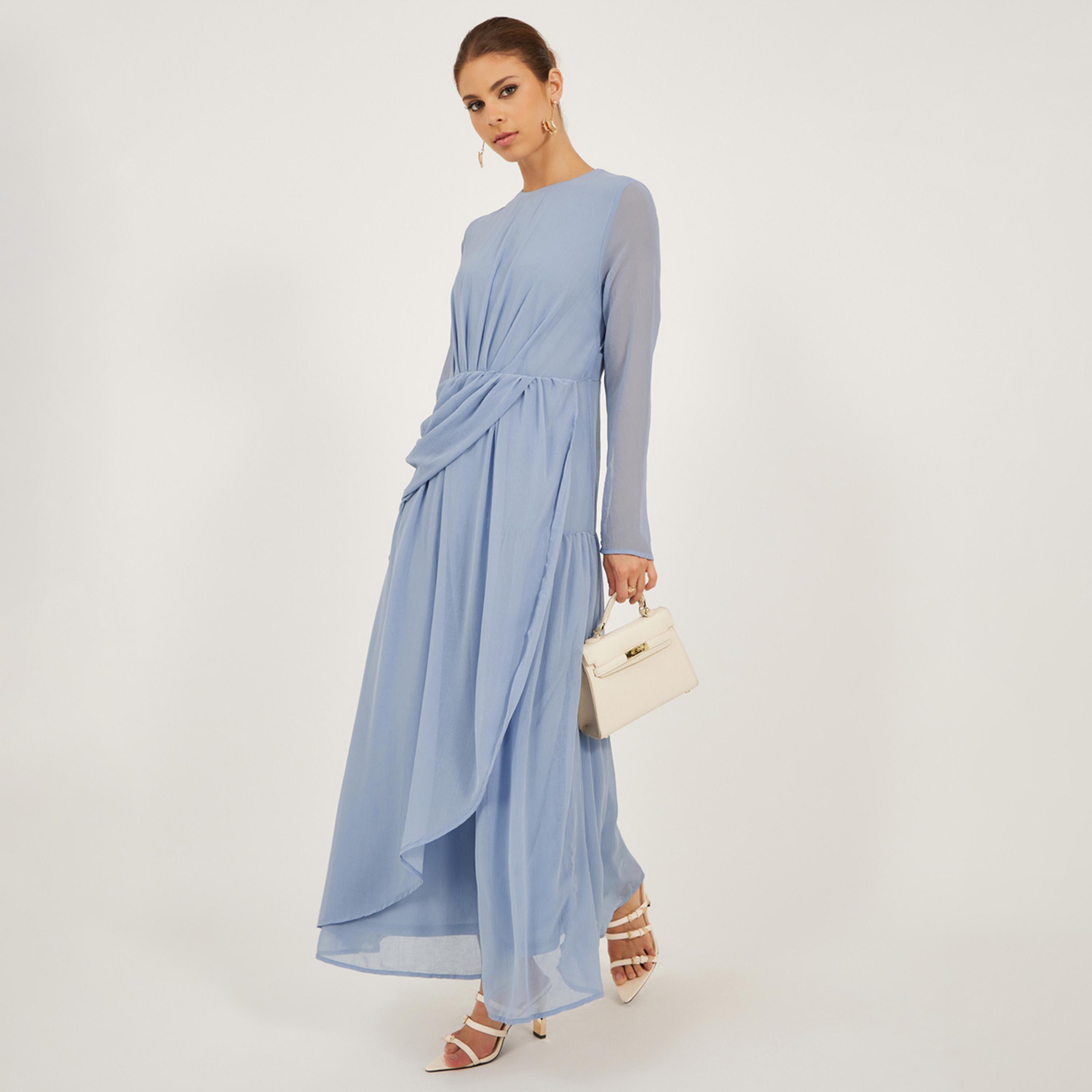 ستايلي - فستان ماكسي سادة ملفوف بأكمام طويلة وتفاصيل كشكشة-women-clothing-dresses-image-1