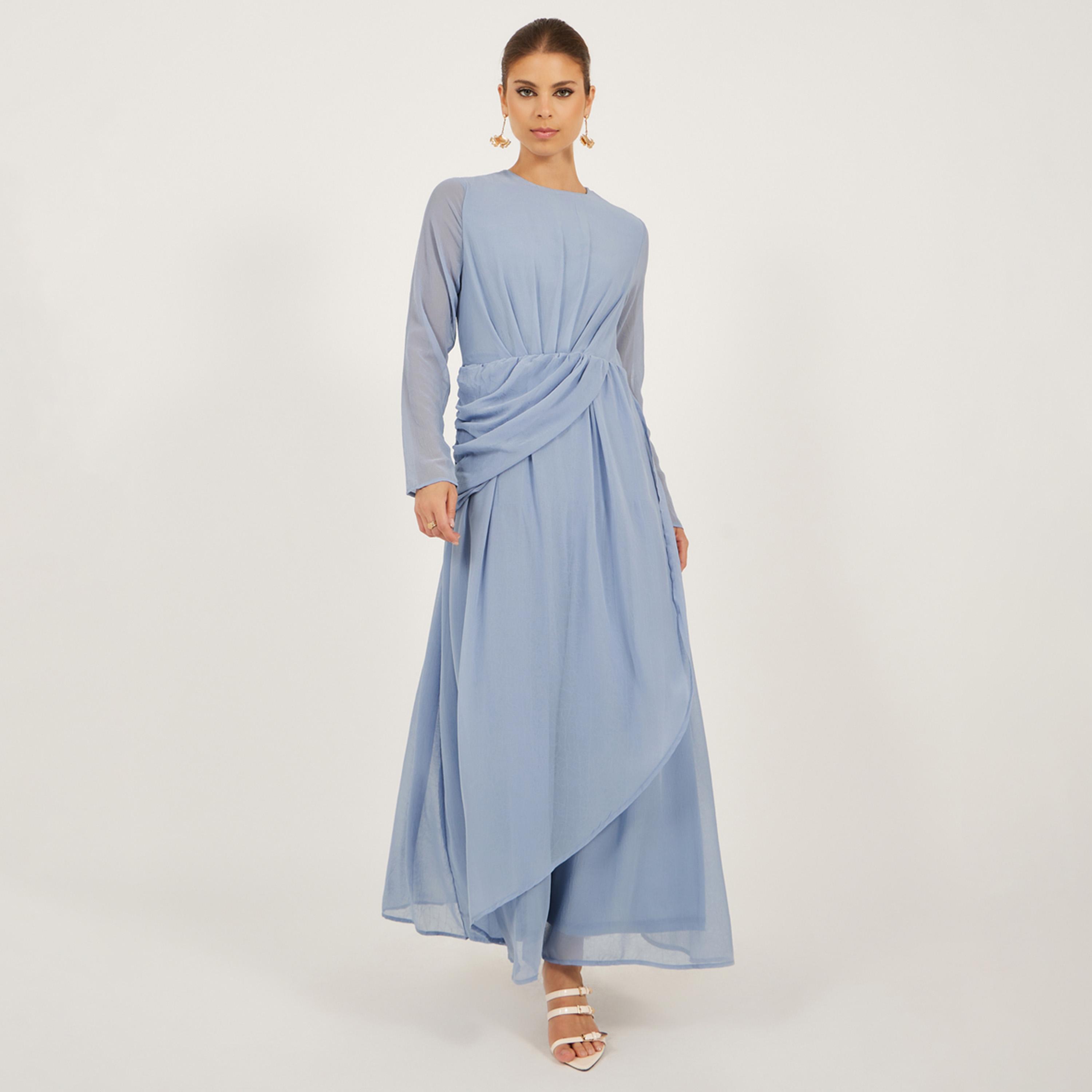 Styli Plain Ruffle Detail Long Sleeves Wrap Maxi Dress-women-clothing-dresses-image-2