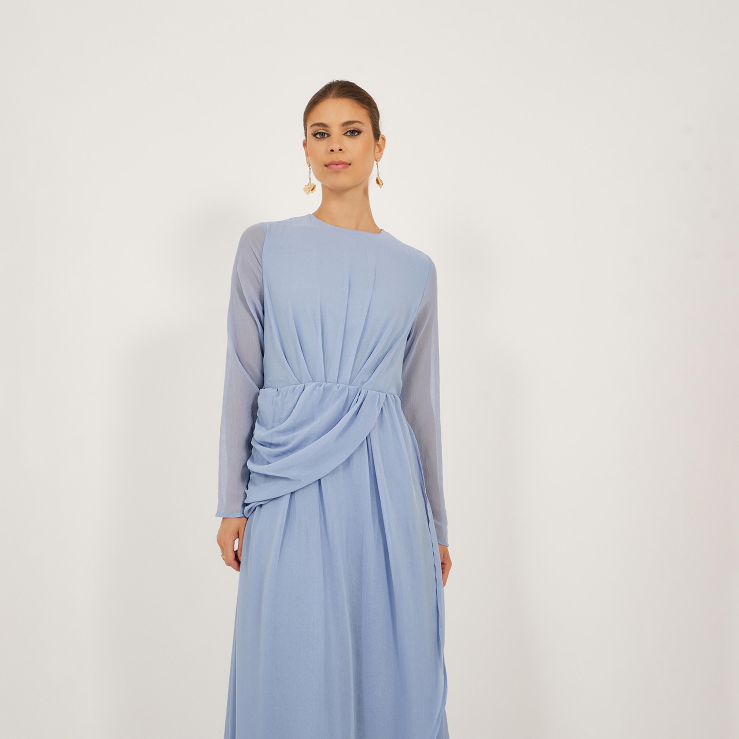 Styli Plain Ruffle Detail Long Sleeves Wrap Maxi Dress-women-clothing-dresses-image-3