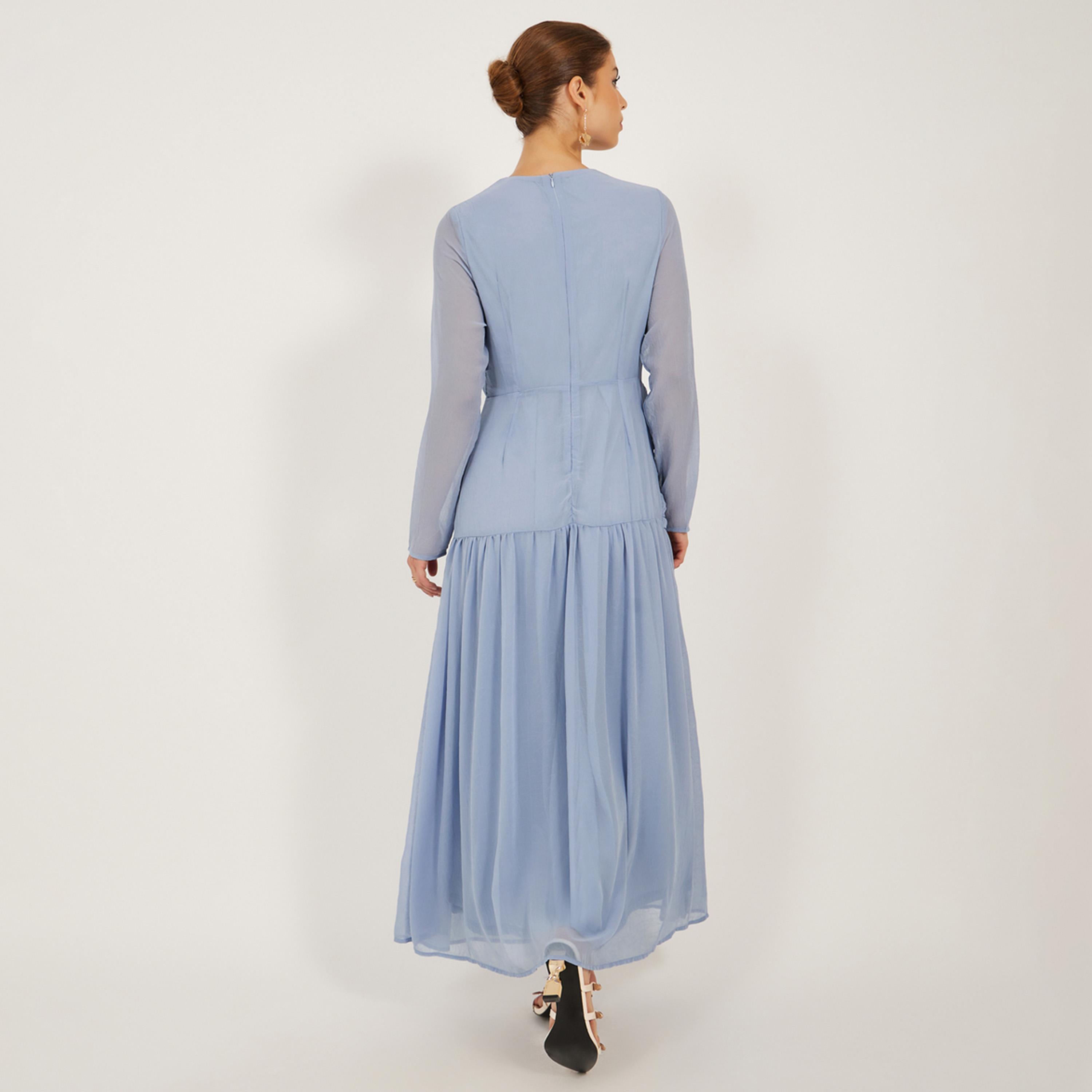 ستايلي - فستان ماكسي سادة ملفوف بأكمام طويلة وتفاصيل كشكشة-women-clothing-dresses-image-5
