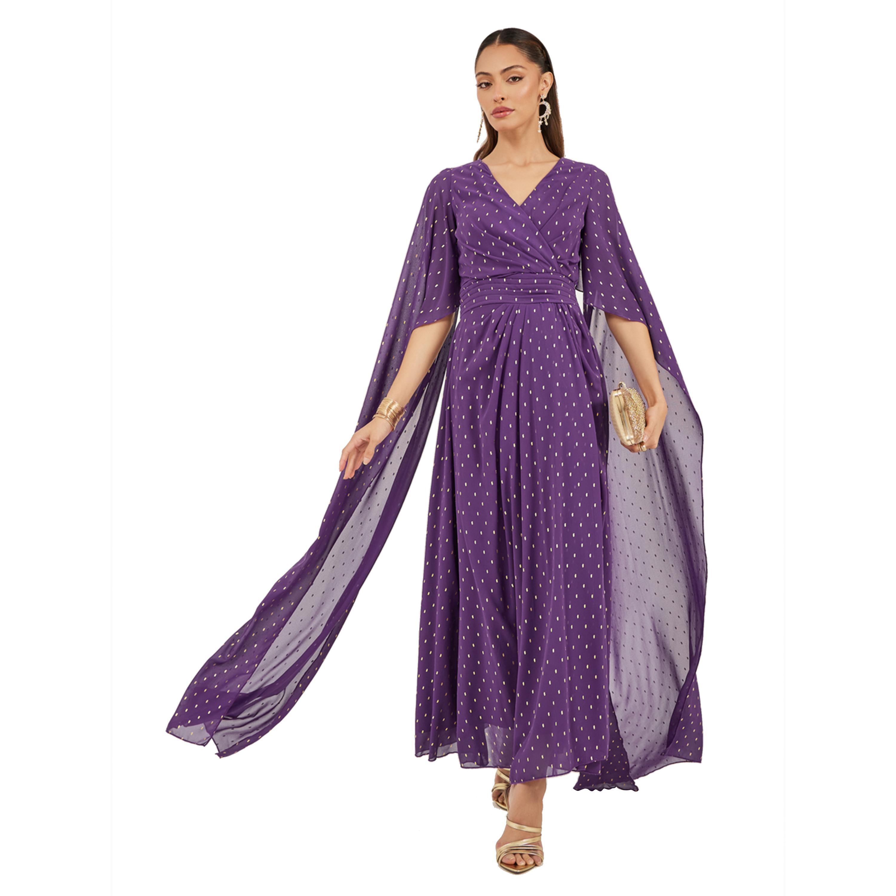 ستايلي - فستان ماكسي بطبعة فويل وياقة V وأكمام منفوخة-women-clothing-dresses-image-2