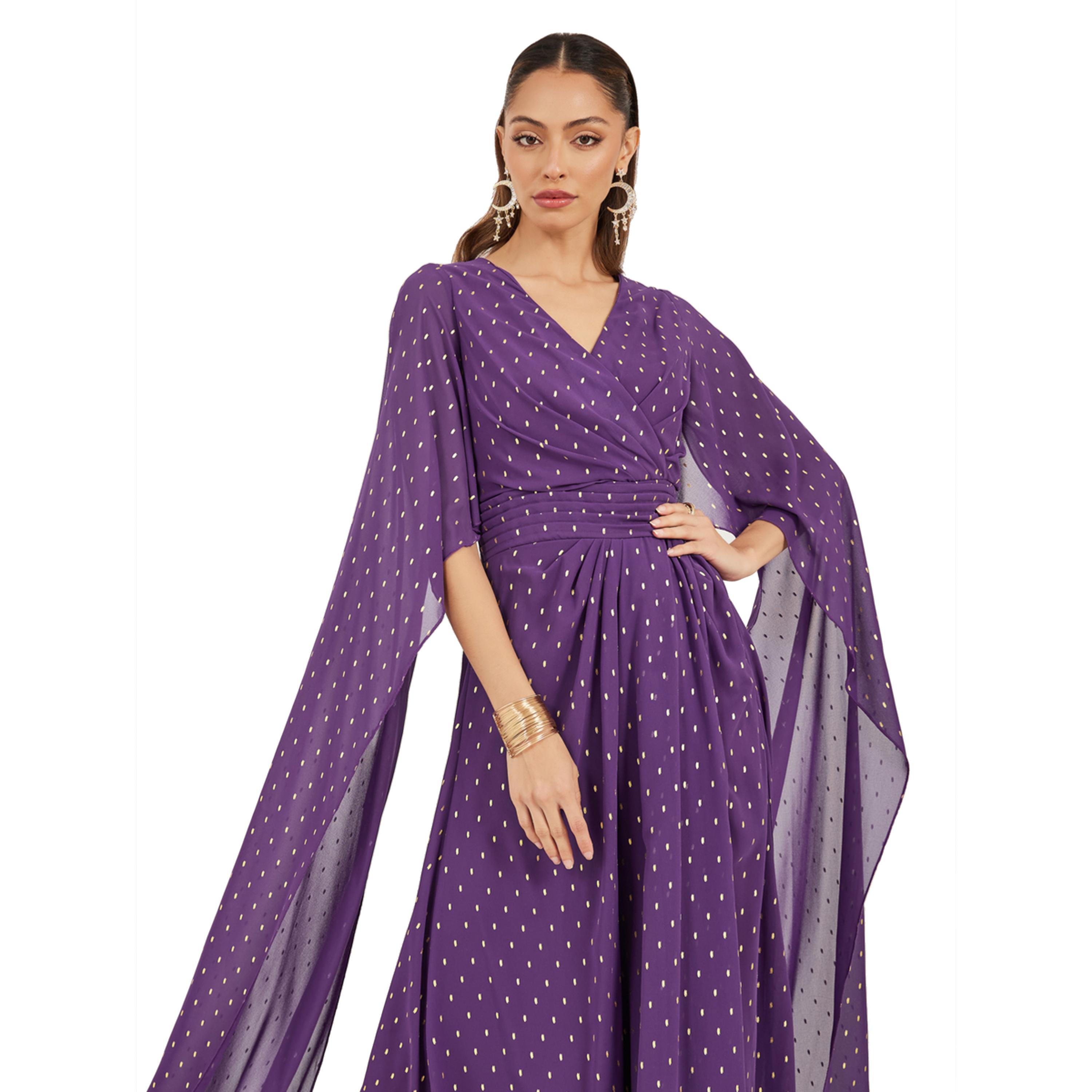 Styli Foil Print Cape Sleeve V Neck A-Line Maxi Dress-women-clothing-dresses-image-3