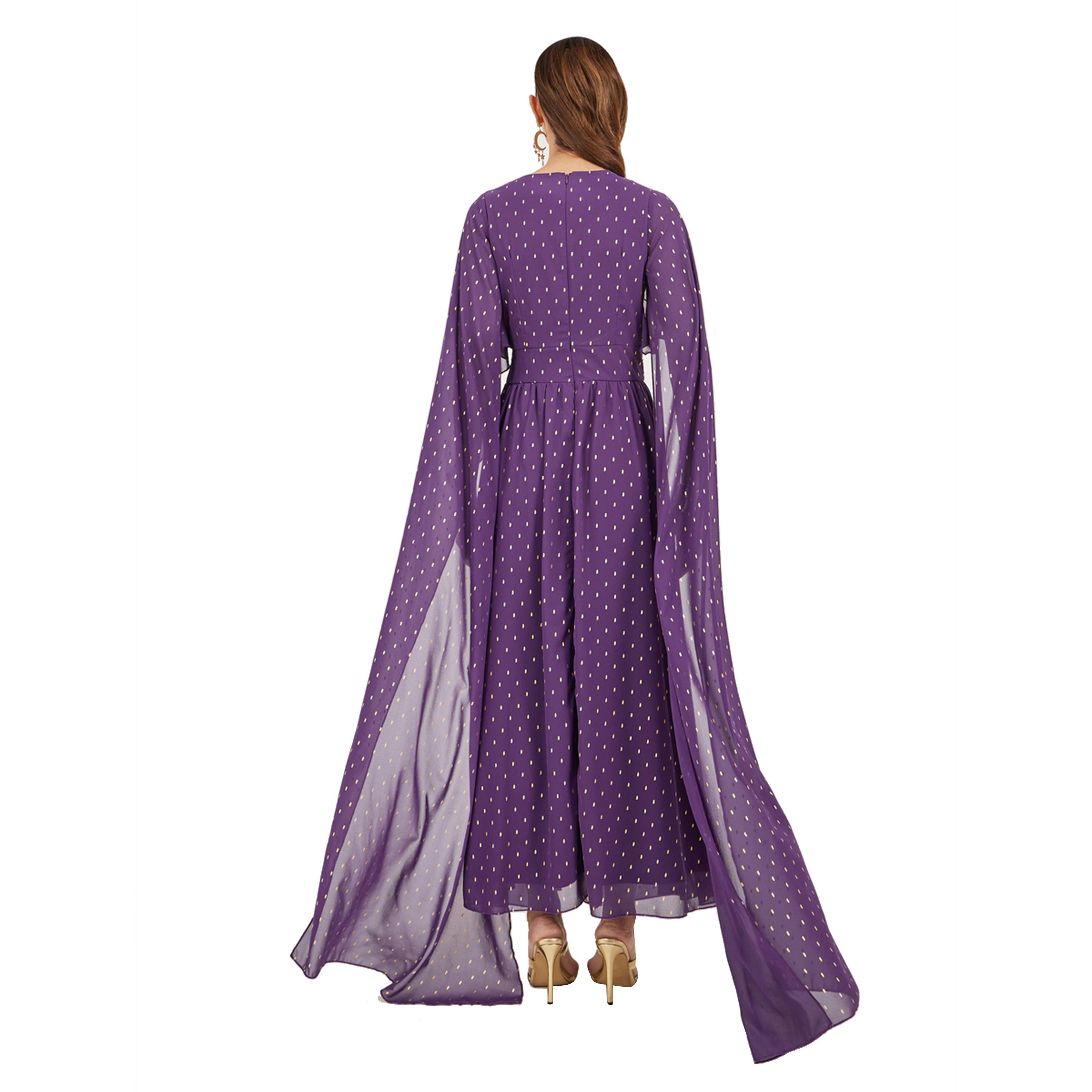 Styli Foil Print Cape Sleeve V Neck A-Line Maxi Dress-women-clothing-dresses-image-5