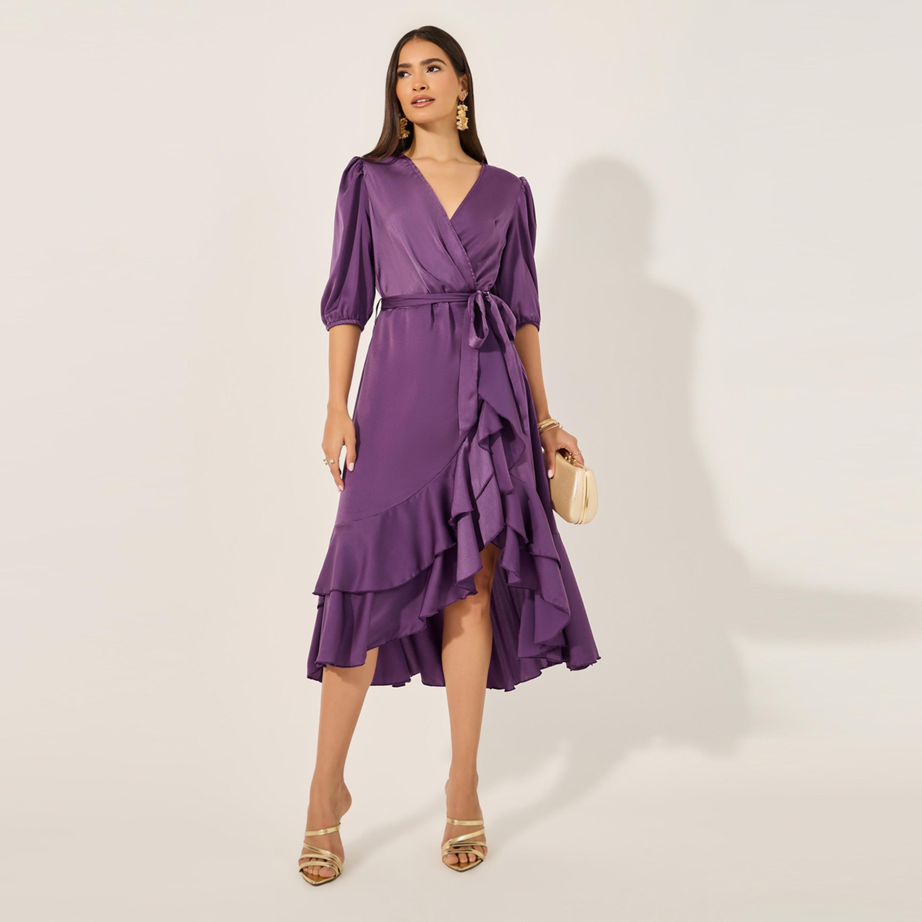 Styli Plain Ruffle Half Sleeves Wrap Midi Dress-women-clothing-dresses-image-2