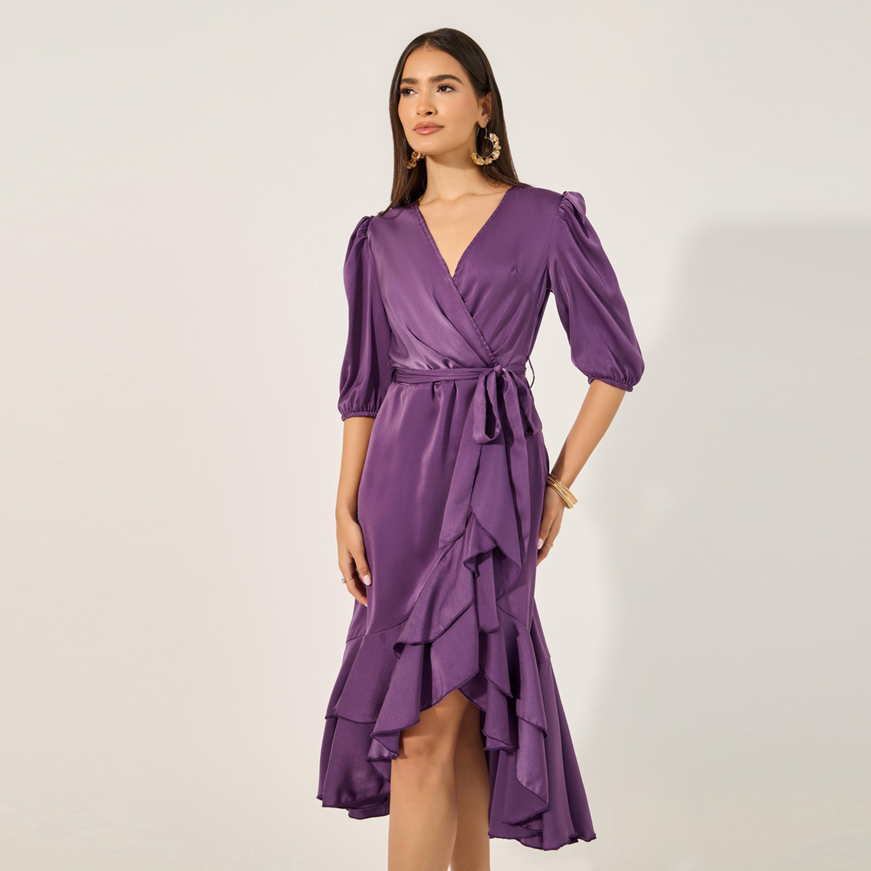 Styli Plain Ruffle Half Sleeves Wrap Midi Dress-women-clothing-dresses-image-3