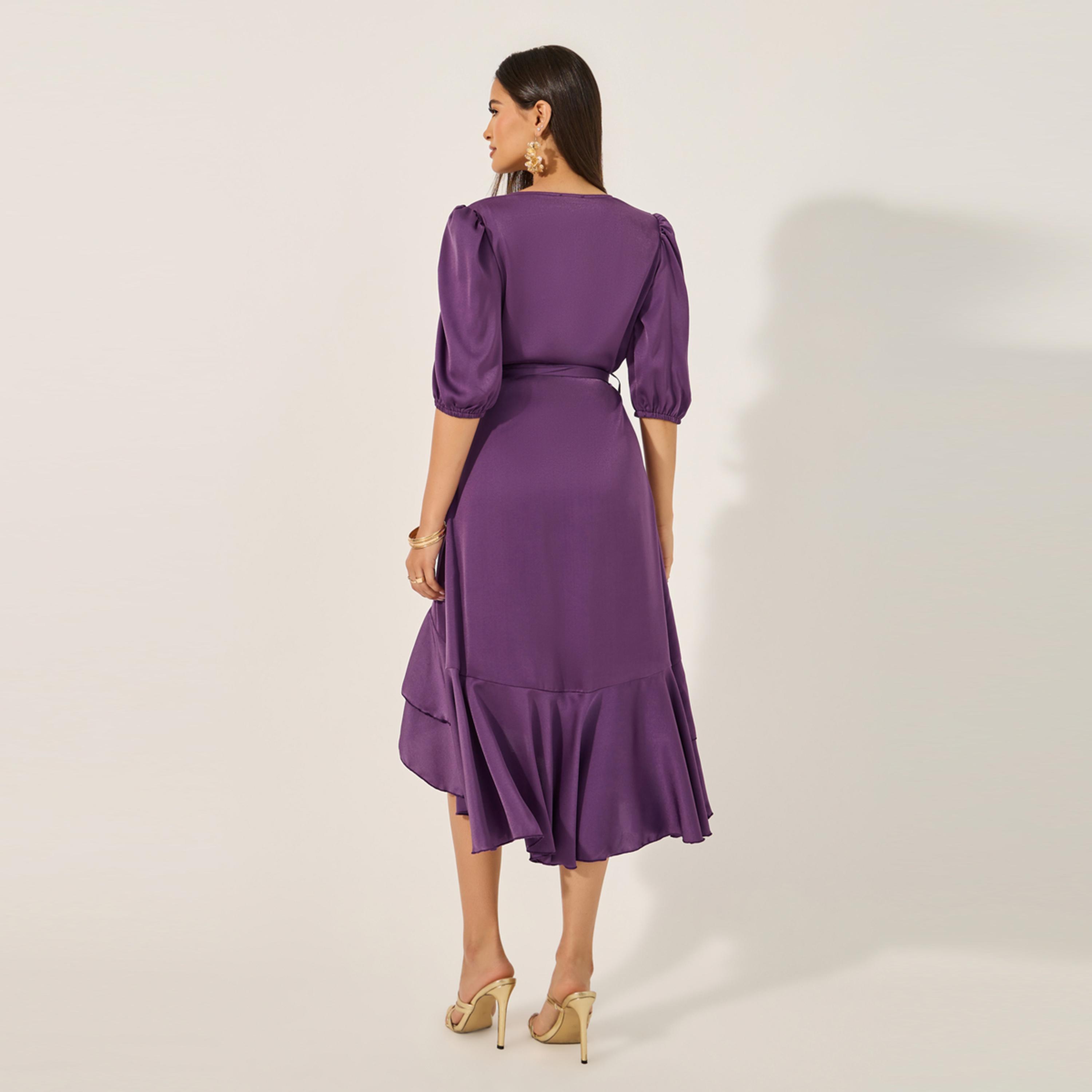 ستايلي - فستان ميدي سادة ملفوف بأكمام نصفية وكشكشة-women-clothing-dresses-image-5