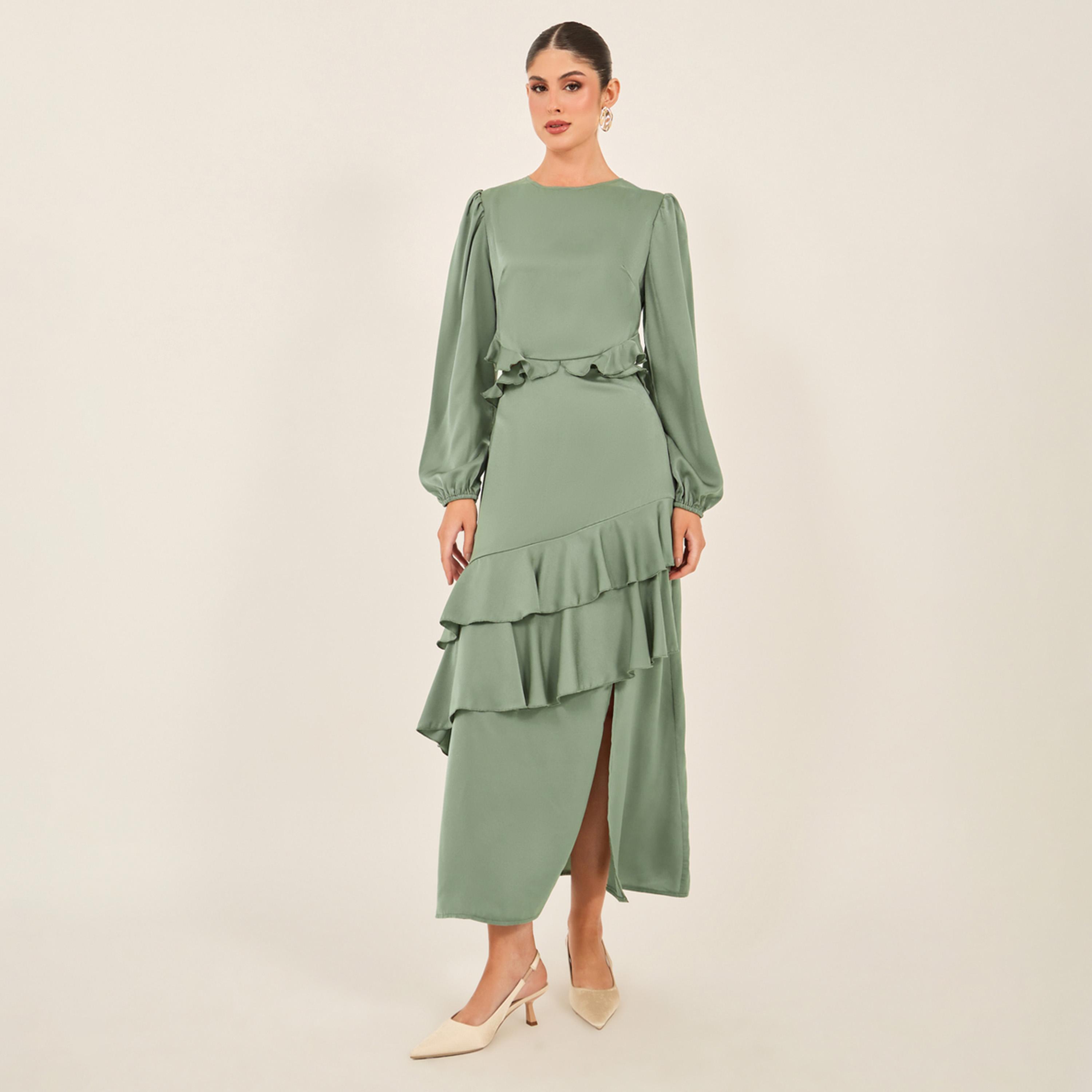 Styli Ruffle Detail Balloon Sleeves A-Line Maxi Dress-women-clothing-dresses-image-1