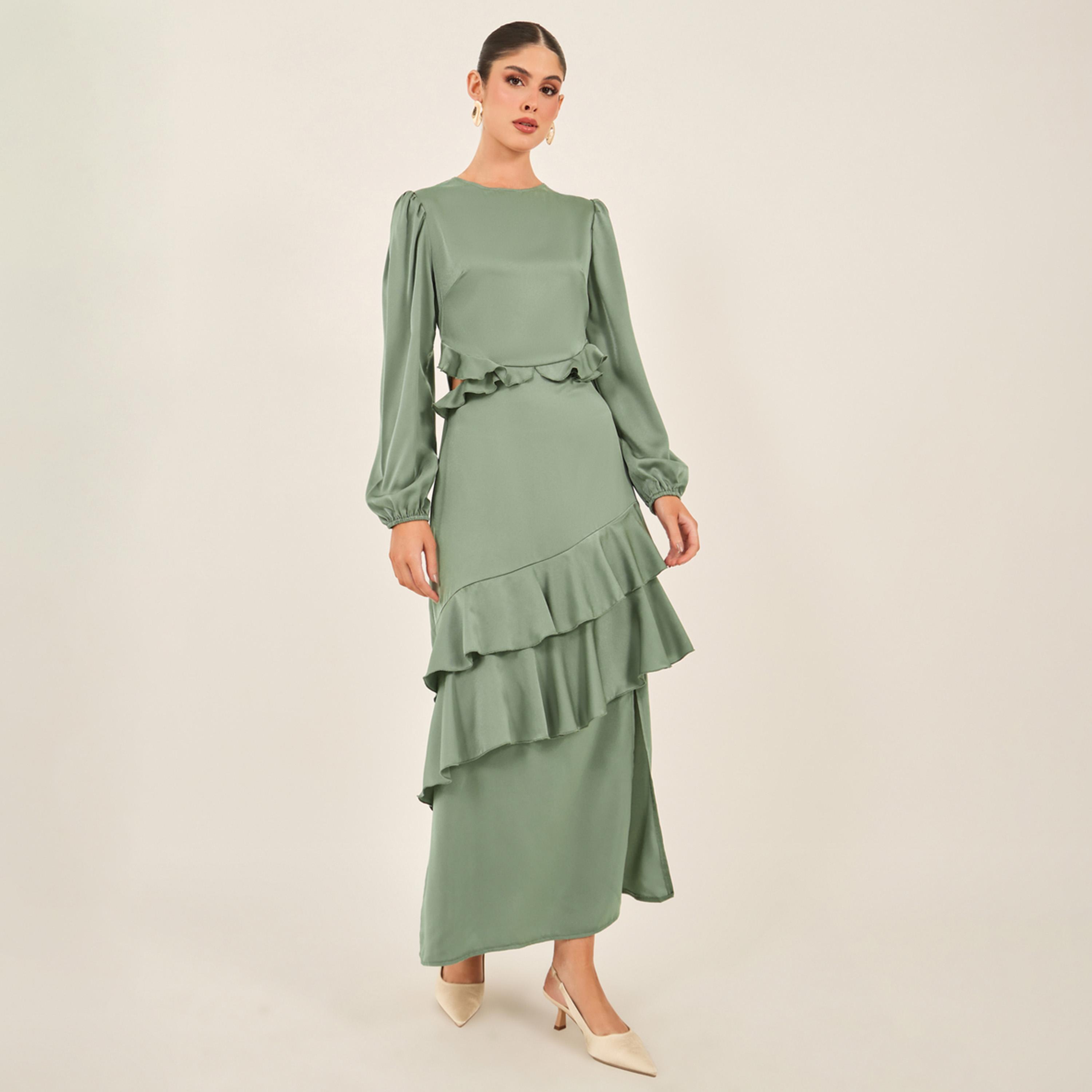 Styli Ruffle Detail Balloon Sleeves A-Line Maxi Dress-women-clothing-dresses-image-2