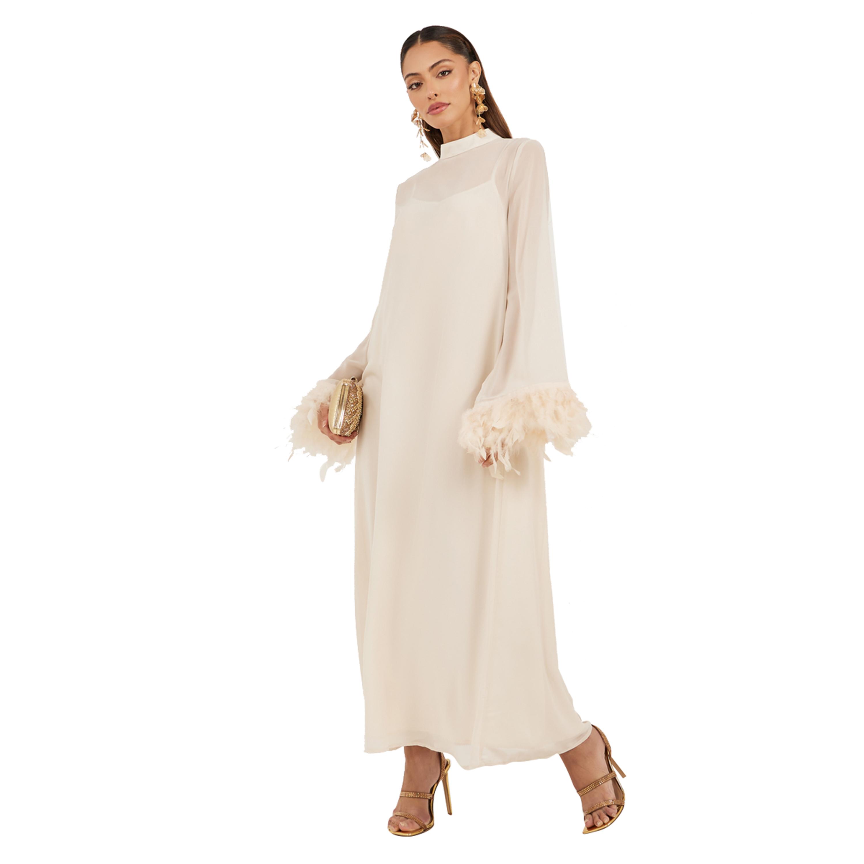 ستايلي- فستان ماكسي قصير مزين بالريش الصناعي-women-clothing-dresses-image-1