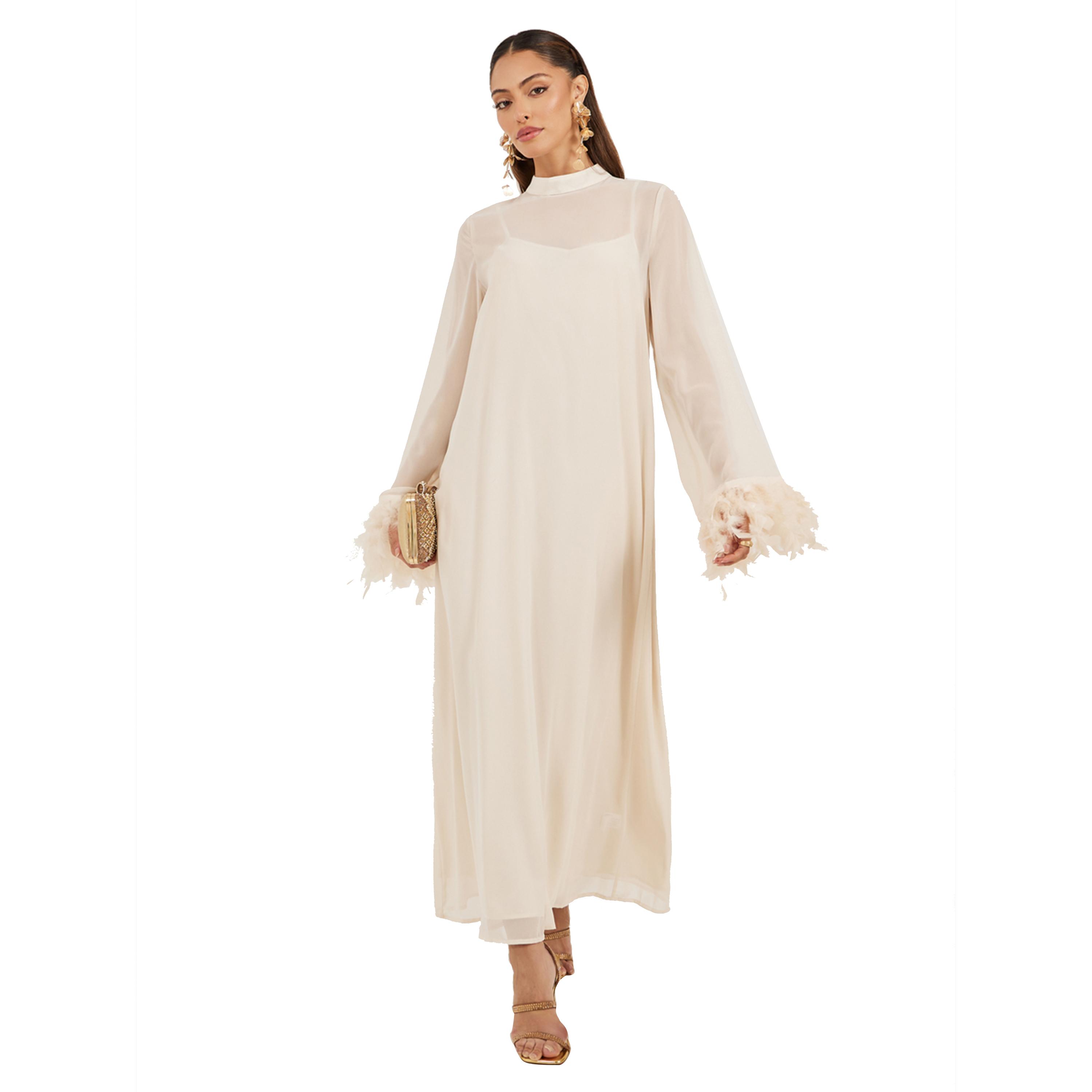 Styli Plain Faux Feather Trim Shift Maxi Dress-women-clothing-dresses-image-2