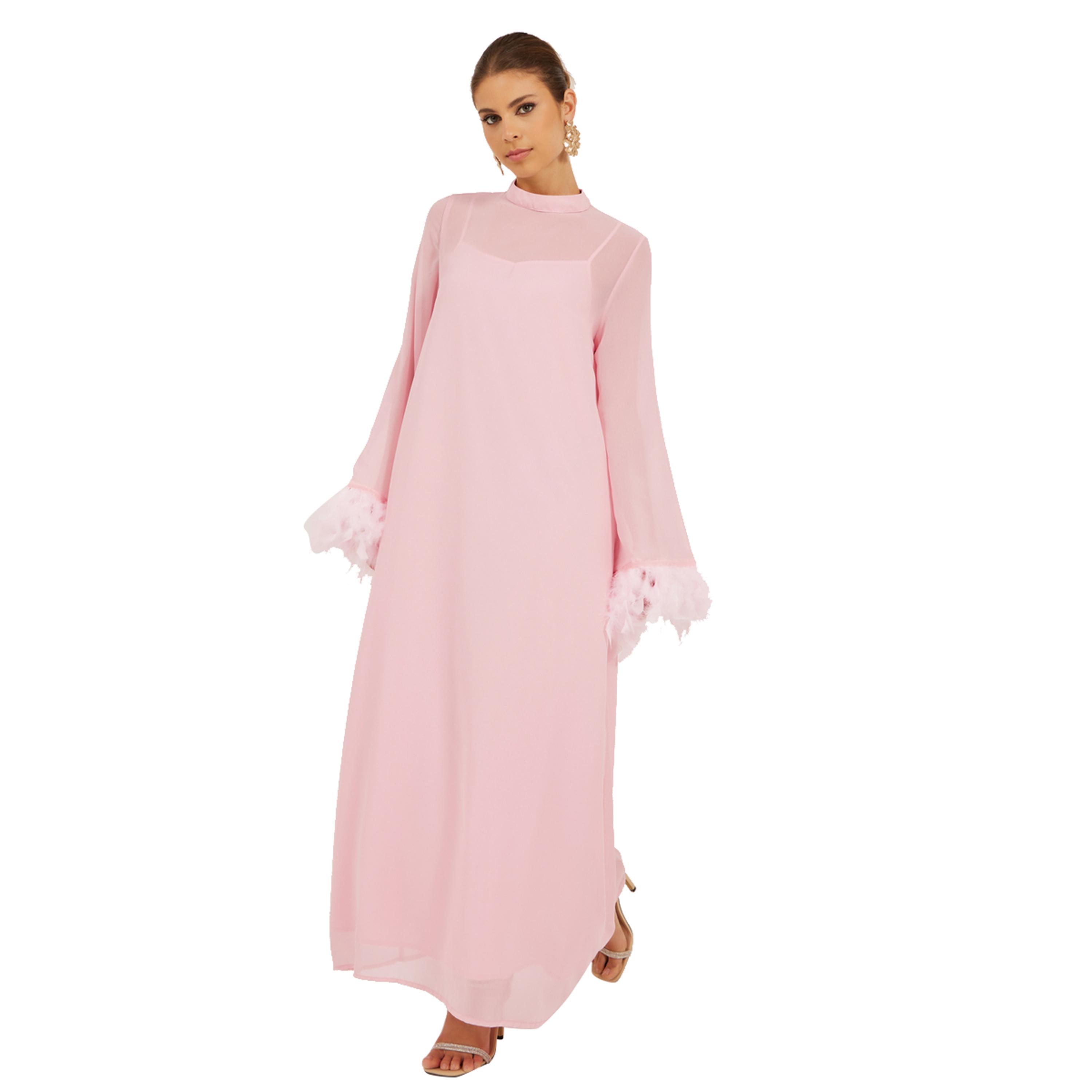 ستايلي- فستان ماكسي قصير مزين بالريش الصناعي-women-clothing-dresses-image-1
