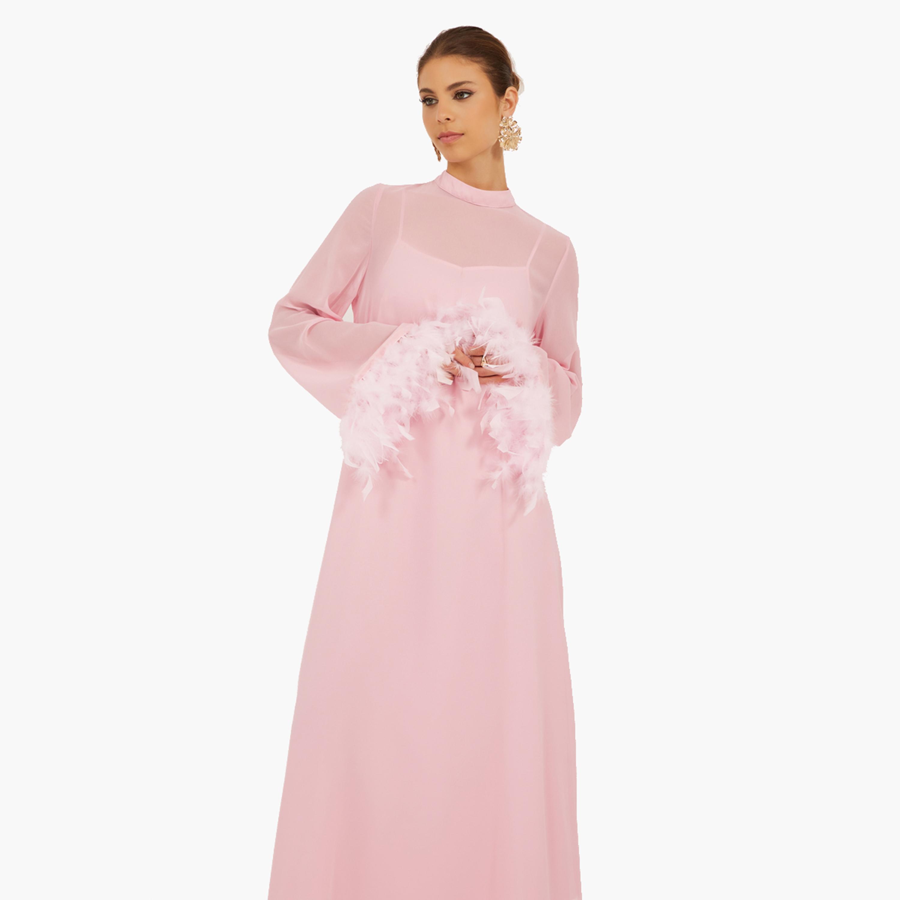 ستايلي- فستان ماكسي قصير مزين بالريش الصناعي-women-clothing-dresses-image-2