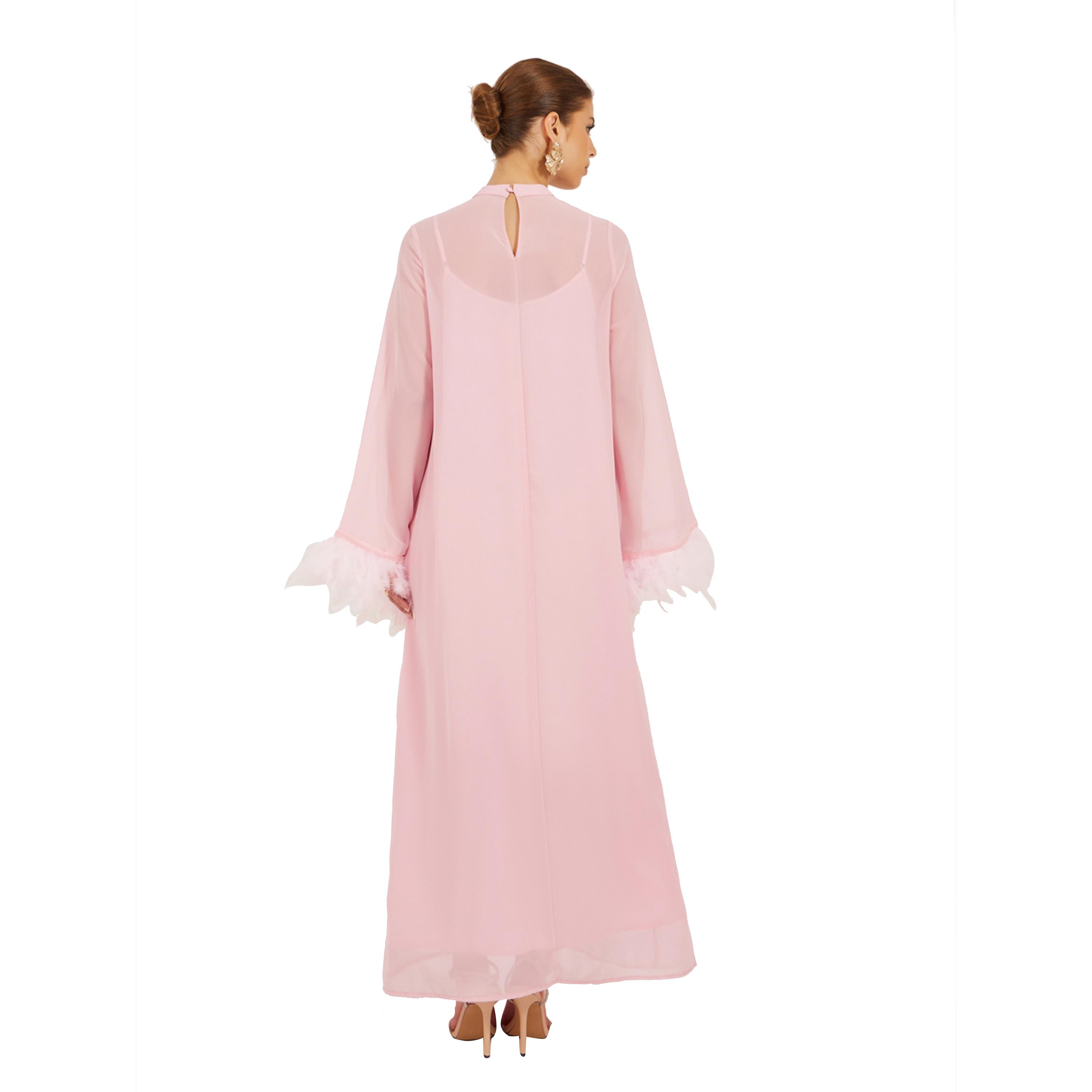 Styli Plain Faux Feather Trim Shift Maxi Dress-women-clothing-dresses-image-4