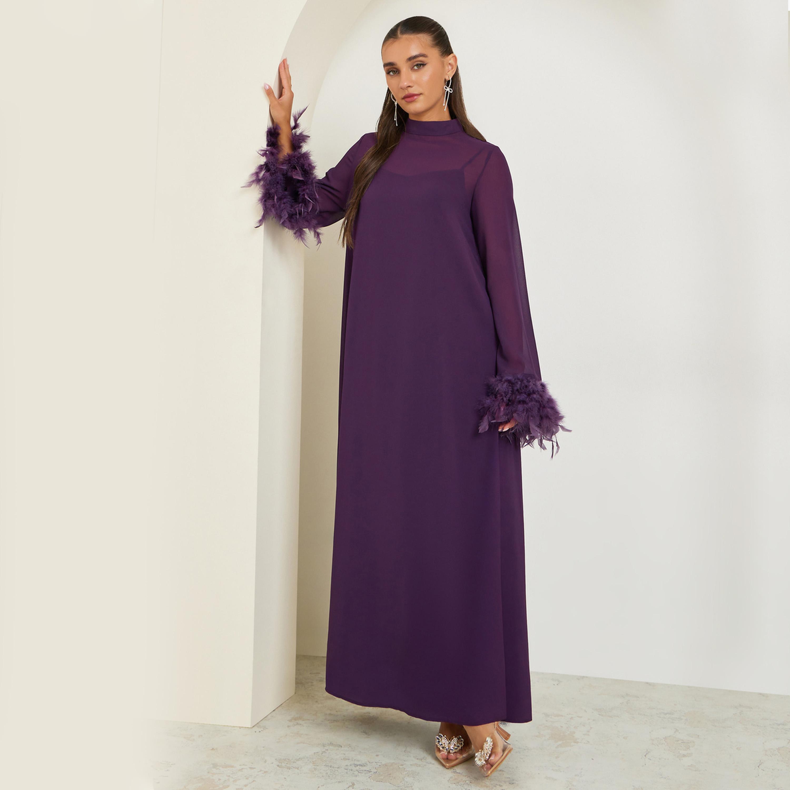 Styli Plain Faux Feather Trim Shift Maxi Dress-women-clothing-dresses-image-1