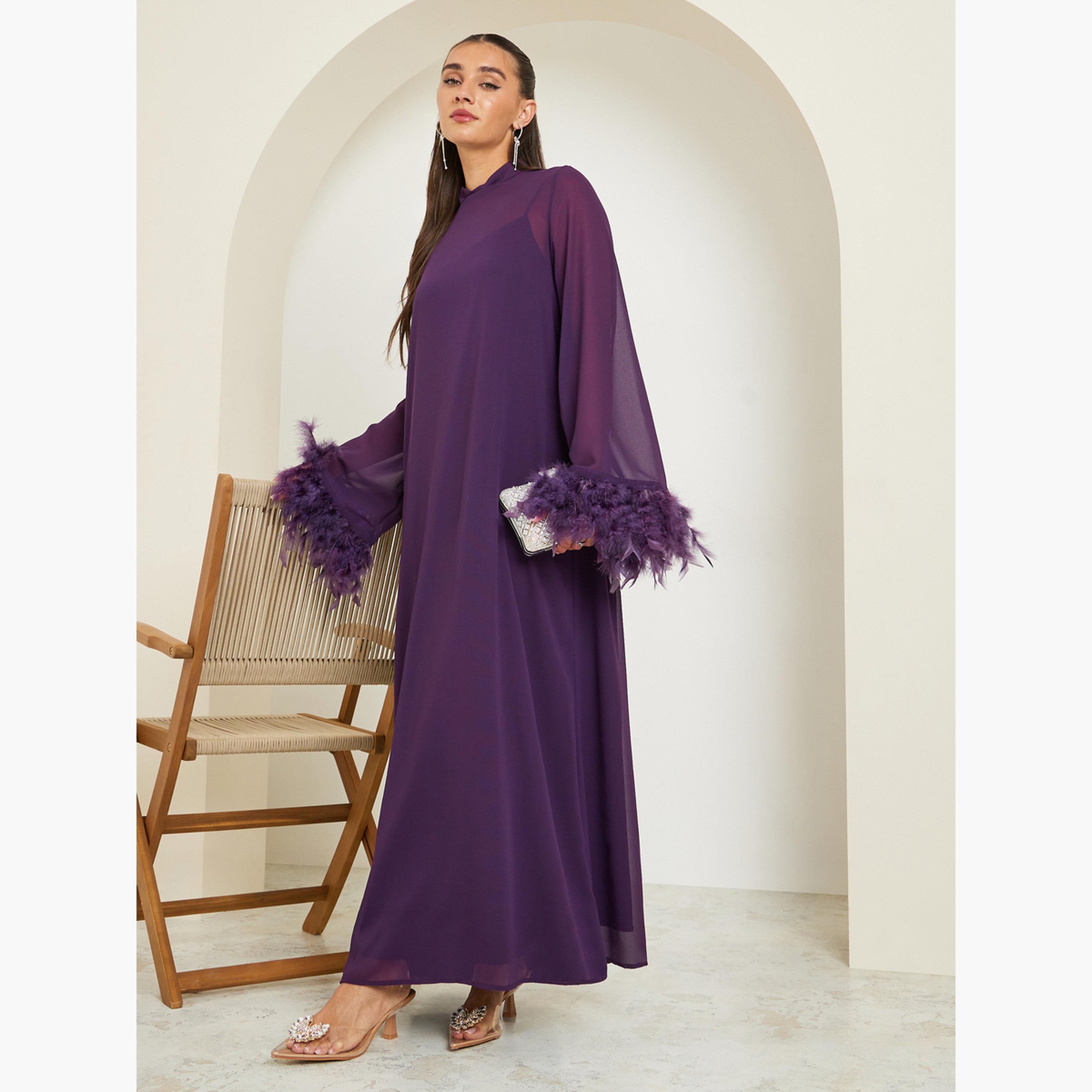 فستان طويل سادة بتفاصيل ريش صناعي-women-clothing-dresses-image-2