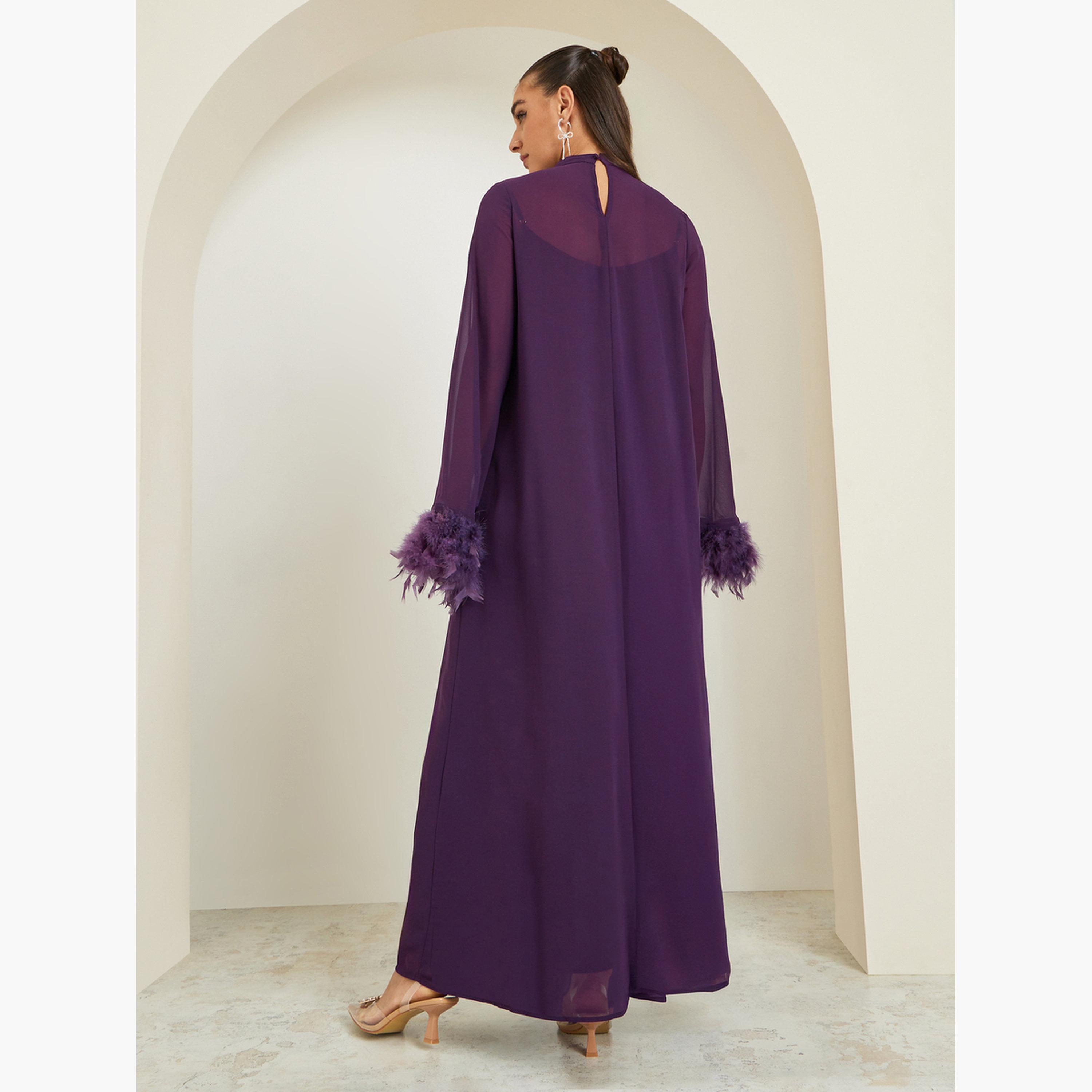 فستان طويل سادة بتفاصيل ريش صناعي-women-clothing-dresses-image-3