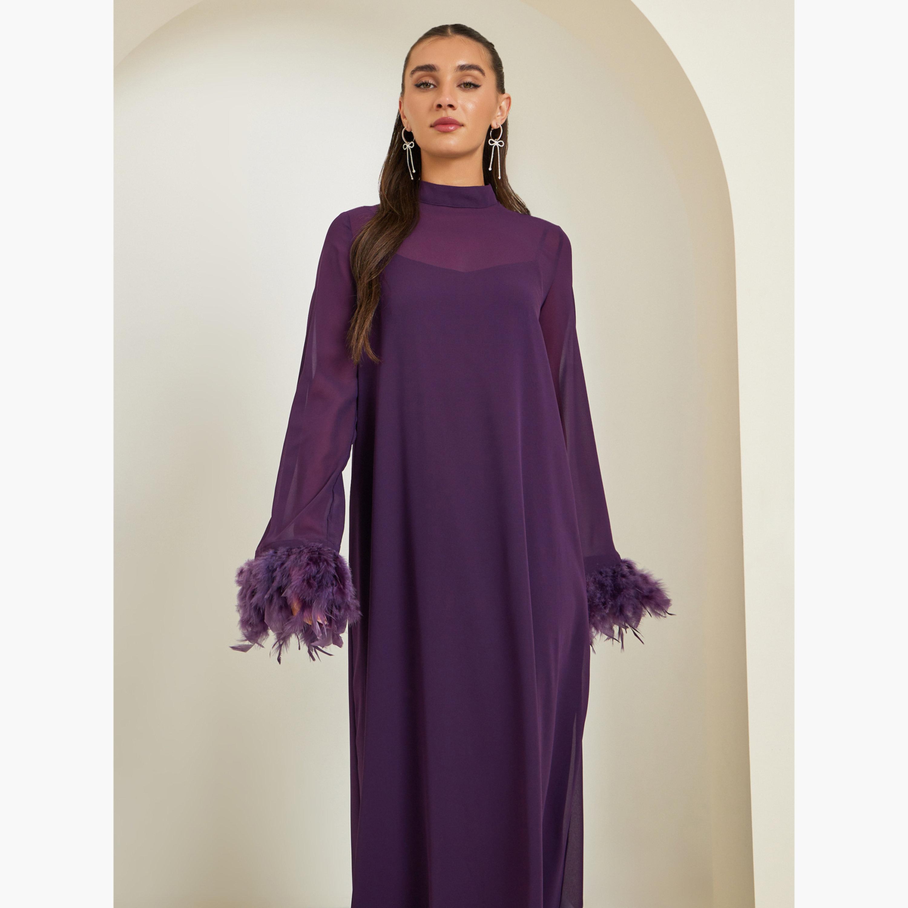 Styli Plain Faux Feather Trim Shift Maxi Dress-women-clothing-dresses-image-5