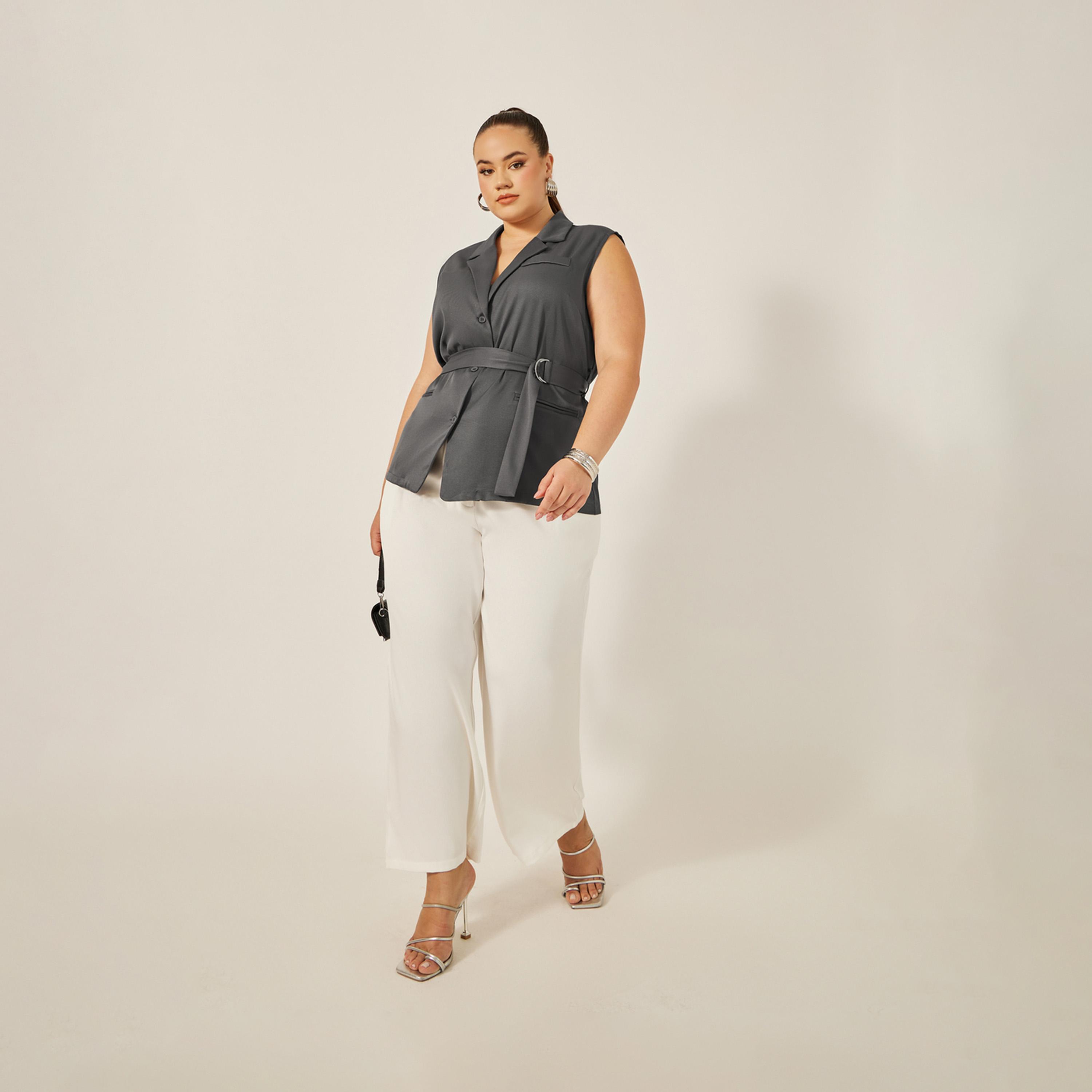 Styli Plus Size Notch Label Collar Waistcoat with Belt Detail-women-clothing-coatsandjackets-waistcoats-image-2