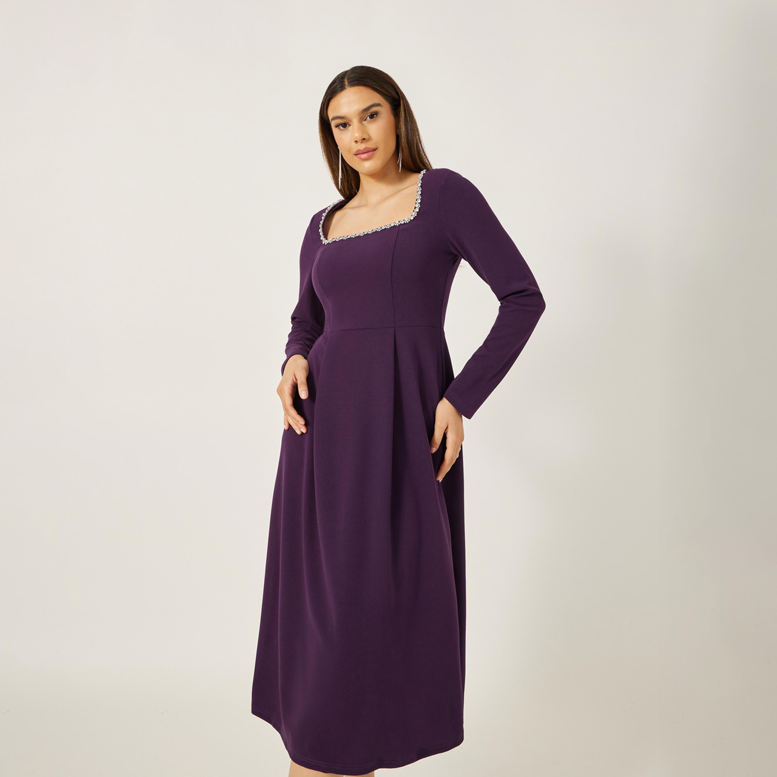 Styli Embellished Square Neck A-Line Midi Dress-women-clothing-dresses-image-1
