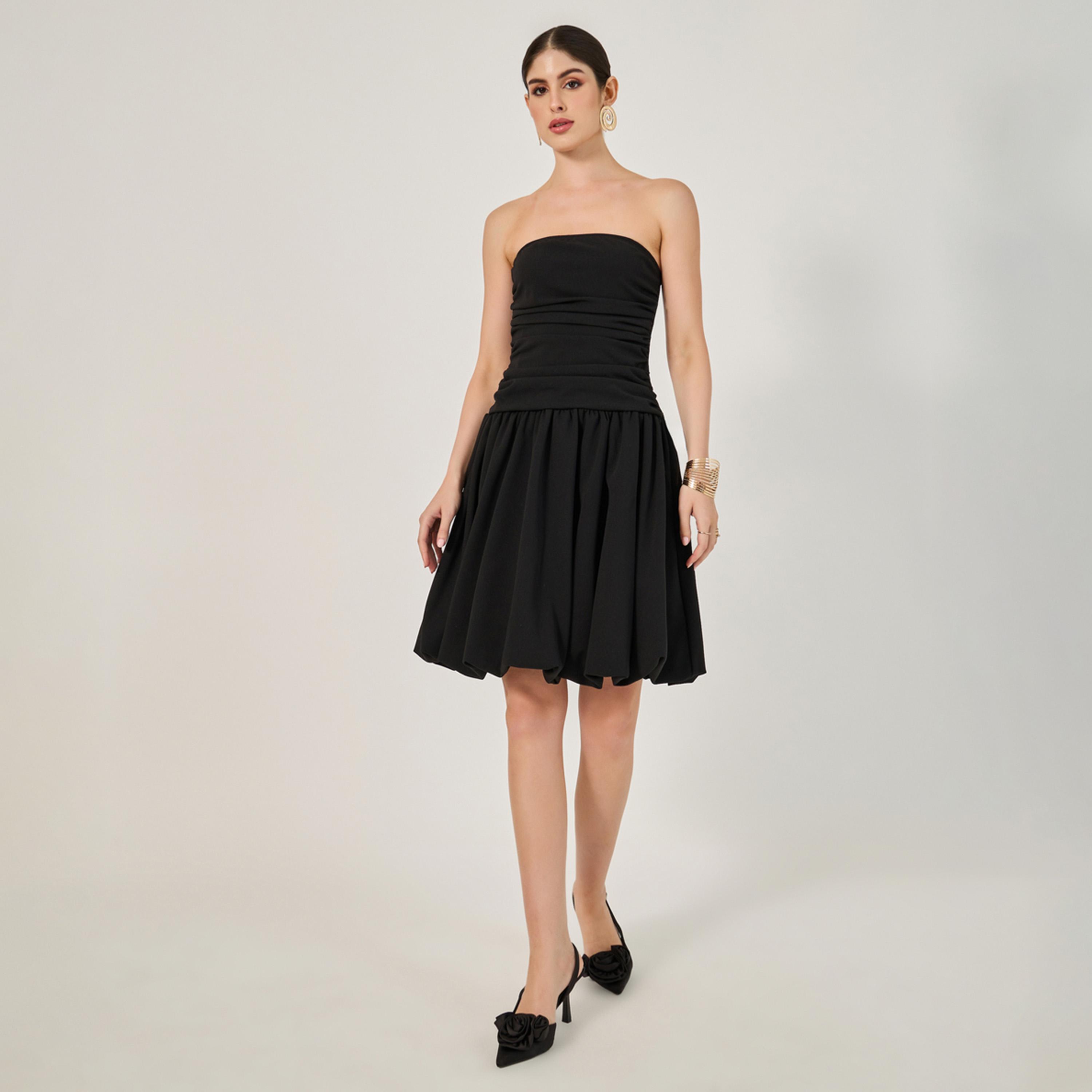 ستايلي - فستان سادة بدون حمالات بطول الركبة وقصّة A-women-clothing-dresses-image-1