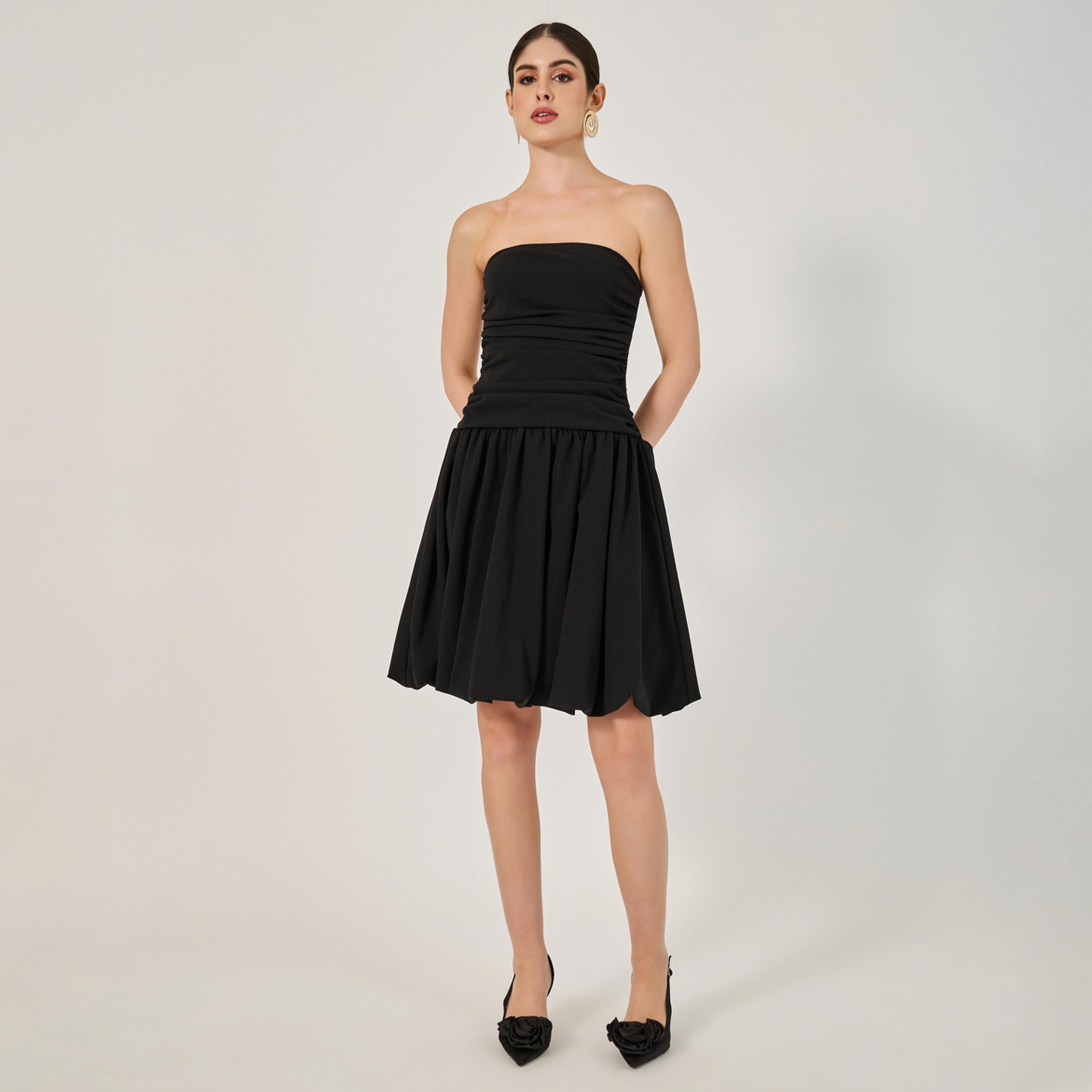 Styli Plain Ruched Strapless A-Line Knee-Length Dress-women-clothing-dresses-image-2