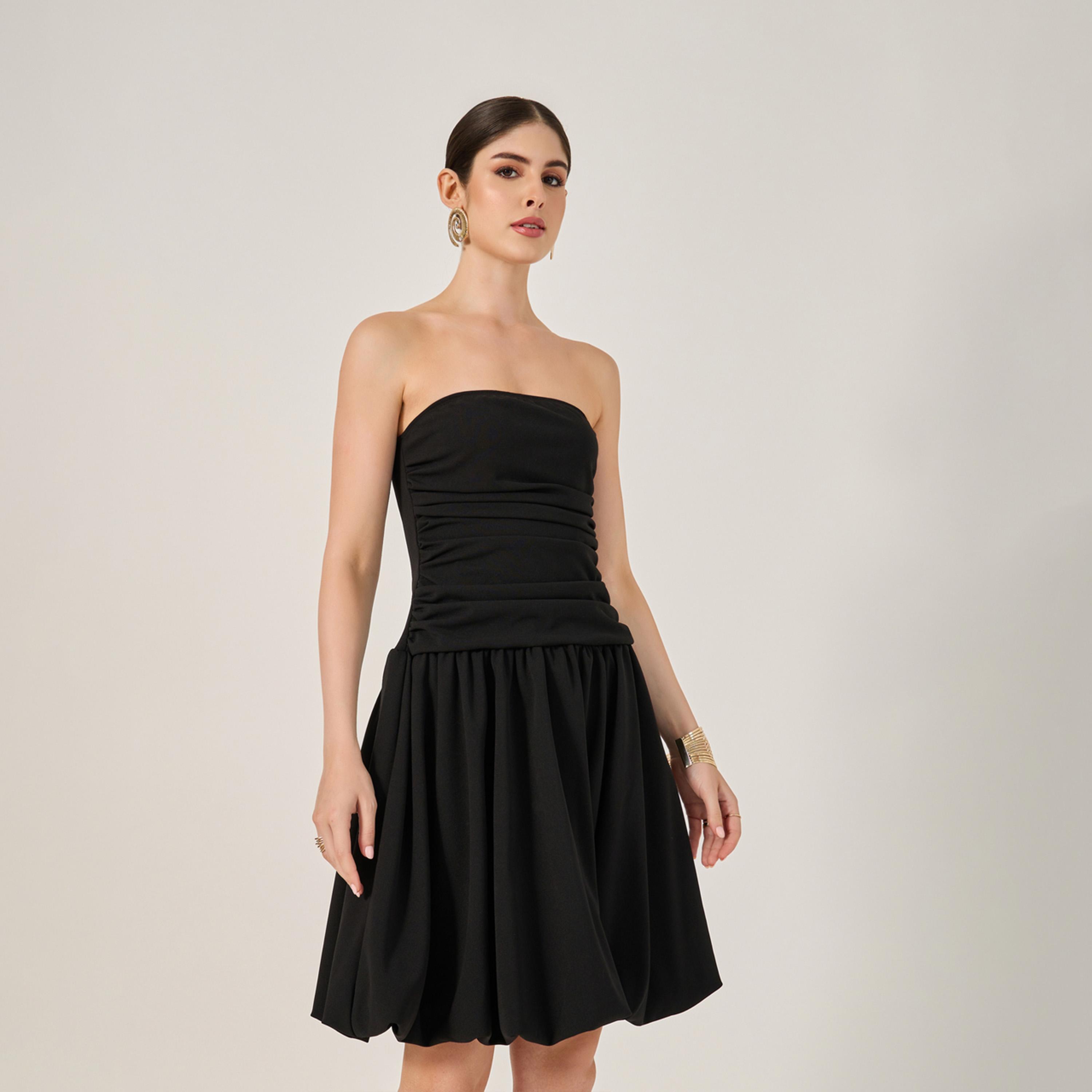 Styli Plain Ruched Strapless A-Line Knee-Length Dress-women-clothing-dresses-image-3