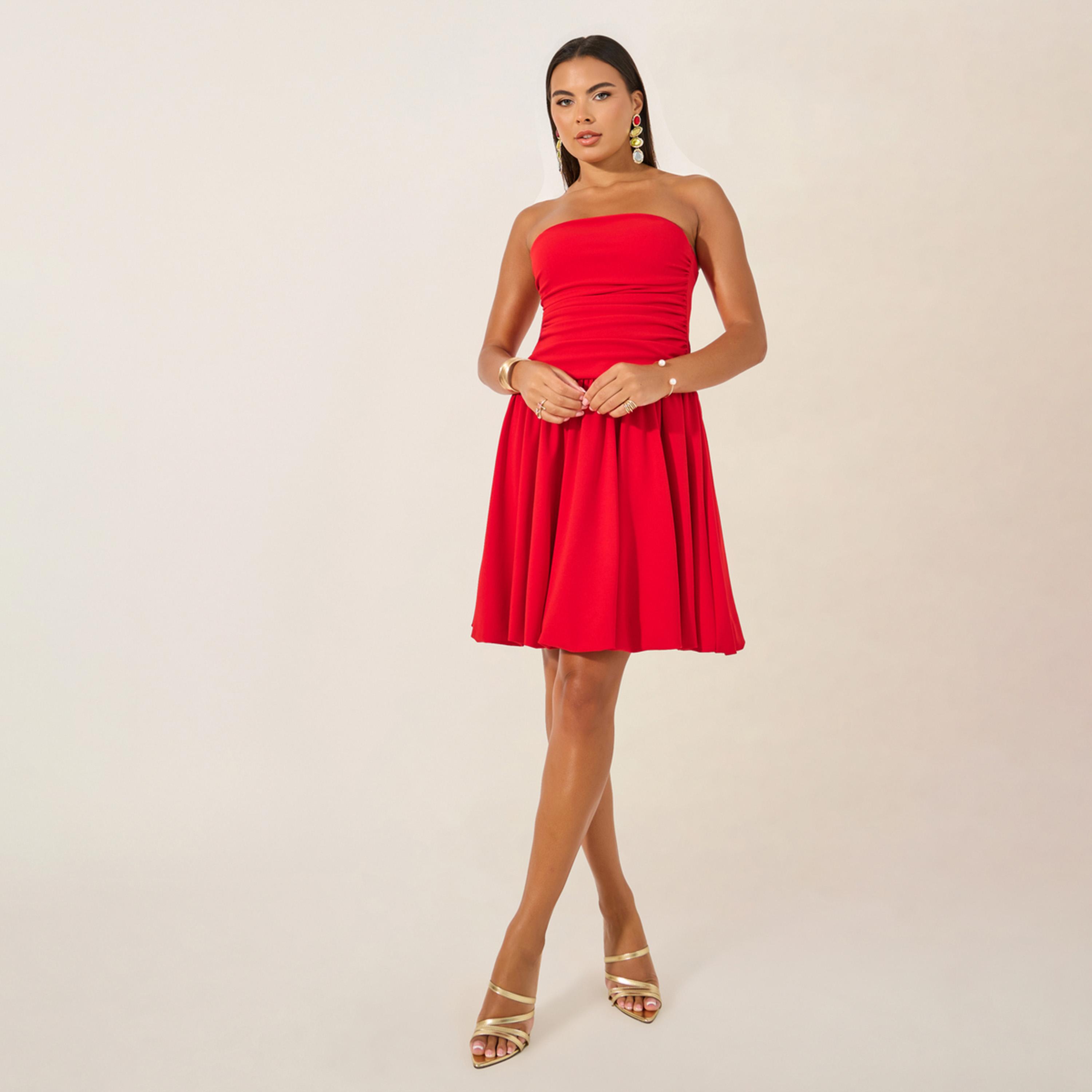 Styli Plain Ruched Strapless A-Line Knee-Length Dress-women-clothing-dresses-image-2