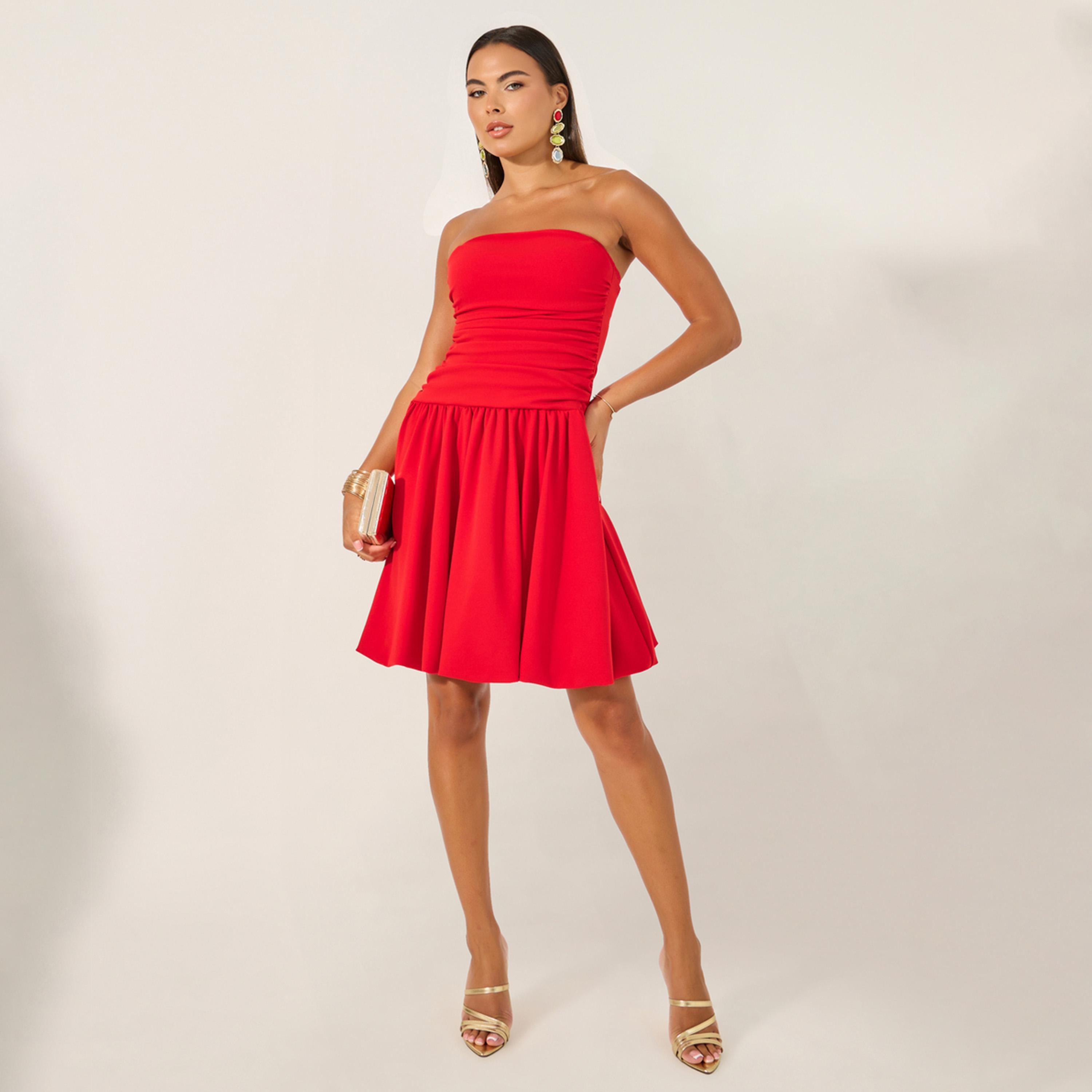 Styli Plain Ruched Strapless A-Line Knee-Length Dress-women-clothing-dresses-image-3
