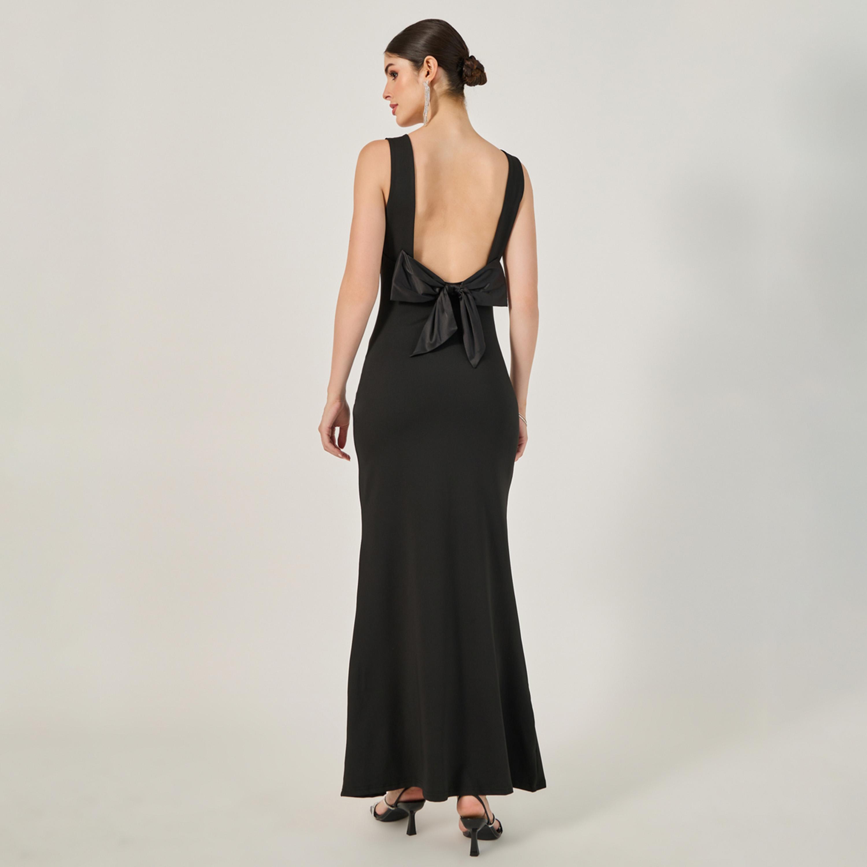 ستايلي - فستان ماكسي بتصميم حورية البحر بدون أكمام مع تفاصيل فيونكة-women-clothing-dresses-image-5