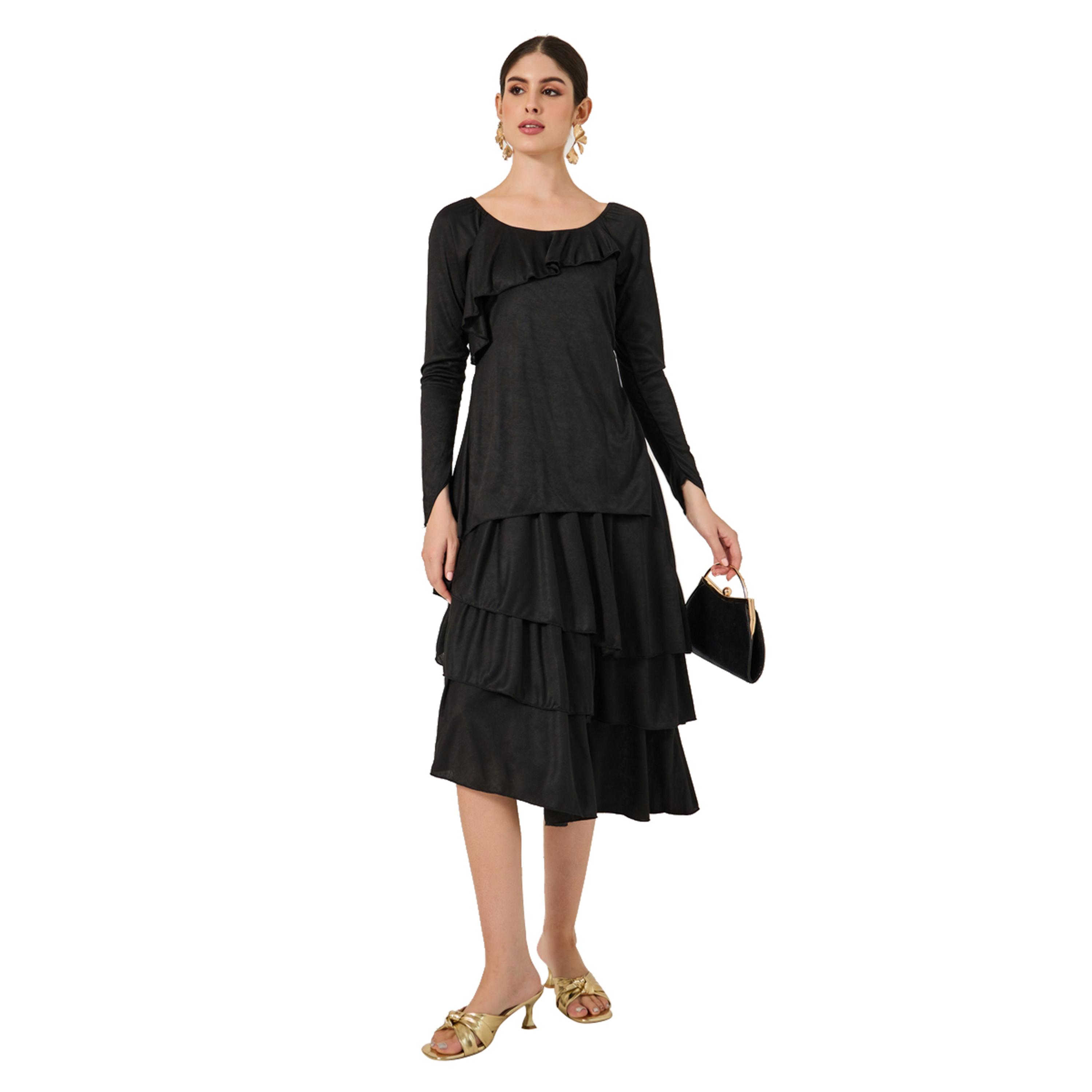 Styli Plain Ruffle Trim Layered A-Line Midi Dress-women-clothing-dresses-image-1