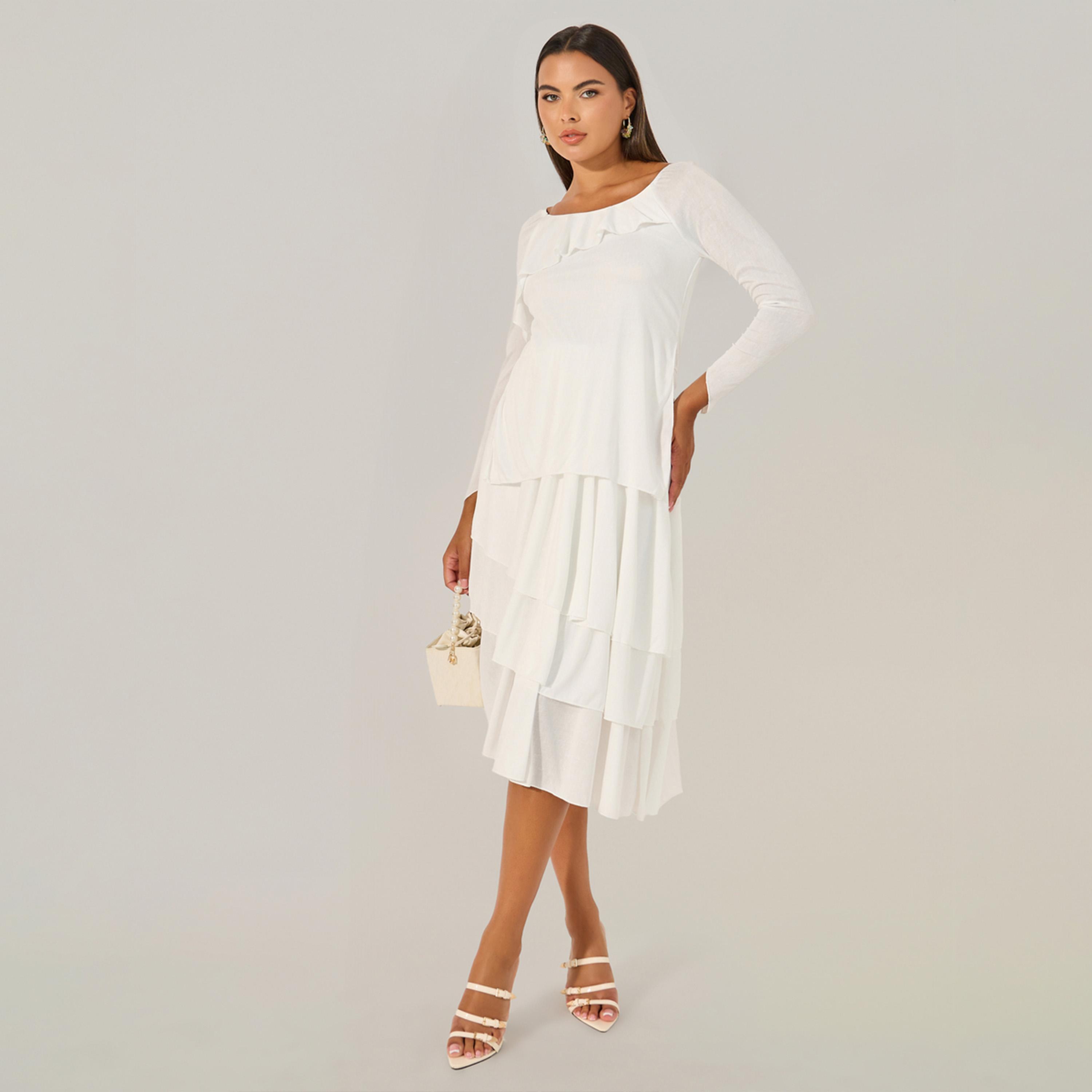 ستايلي - فستان متوسط الطول طبقات سادة بقصة A مع حواف كشكش-women-clothing-dresses-image-2