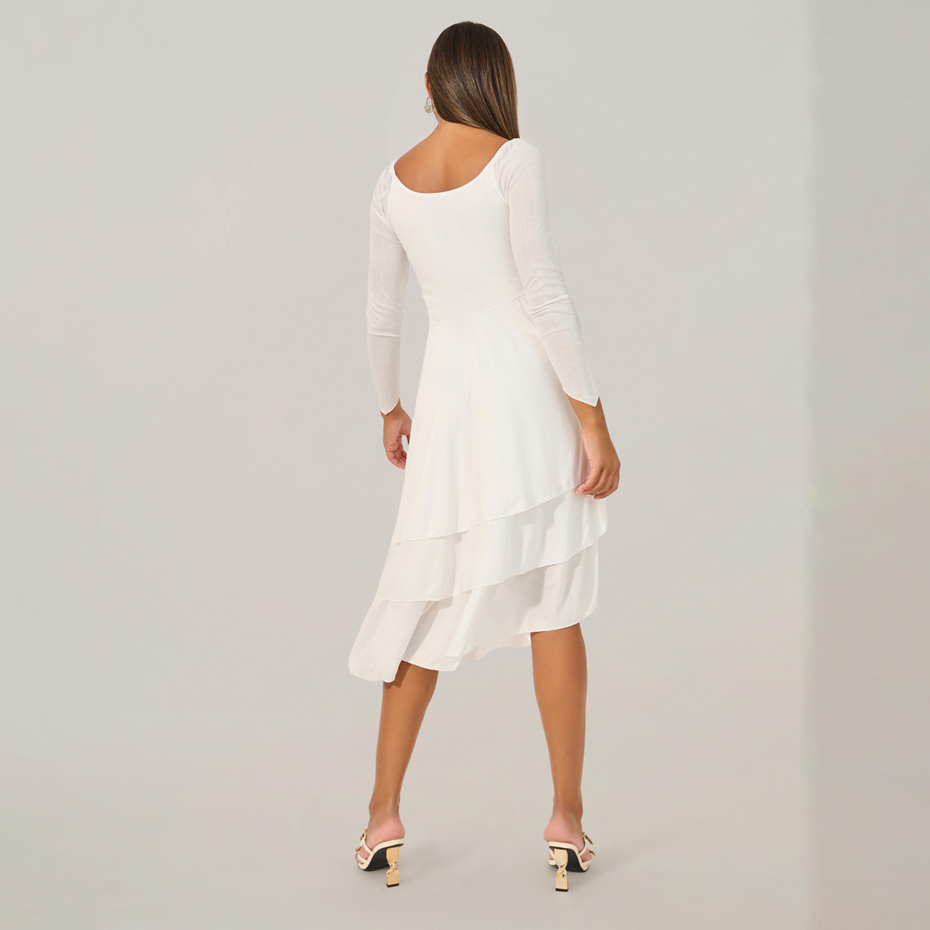 ستايلي - فستان متوسط الطول طبقات سادة بقصة A مع حواف كشكش-women-clothing-dresses-image-5