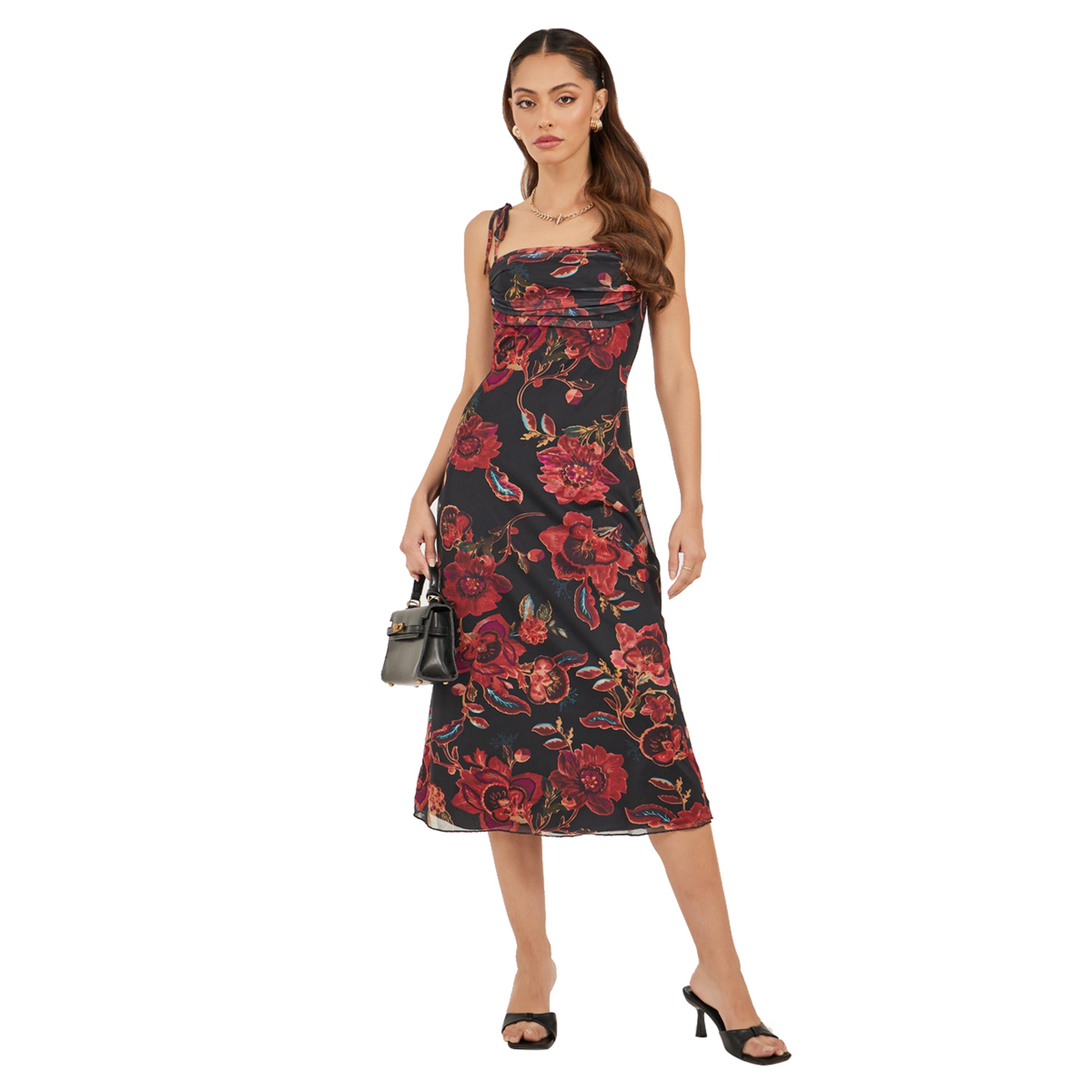 ستايلي - فستان متوسط الطول بطبعة زهور وأربطة وكشكشة-women-clothing-dresses-image-1