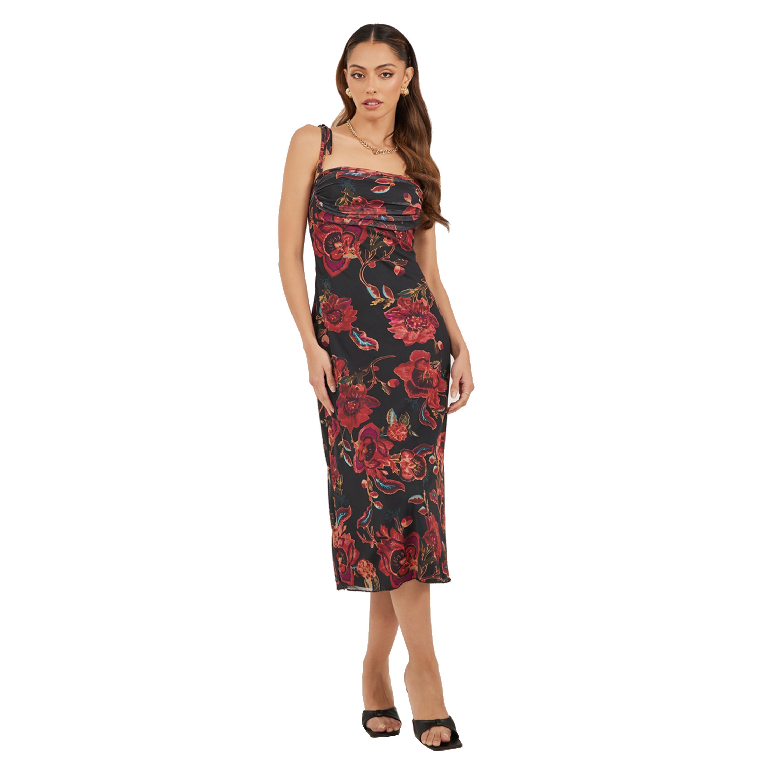 ستايلي - فستان متوسط الطول بطبعة زهور وأربطة وكشكشة-women-clothing-dresses-image-2