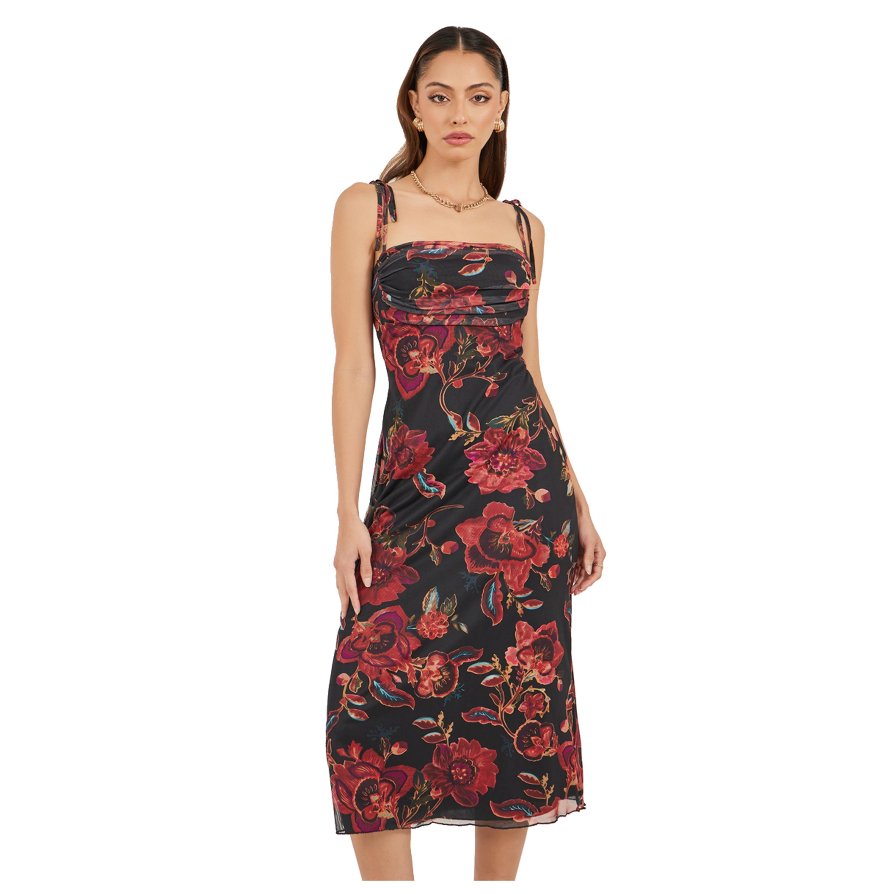 ستايلي - فستان متوسط الطول بطبعة زهور وأربطة وكشكشة-women-clothing-dresses-image-3