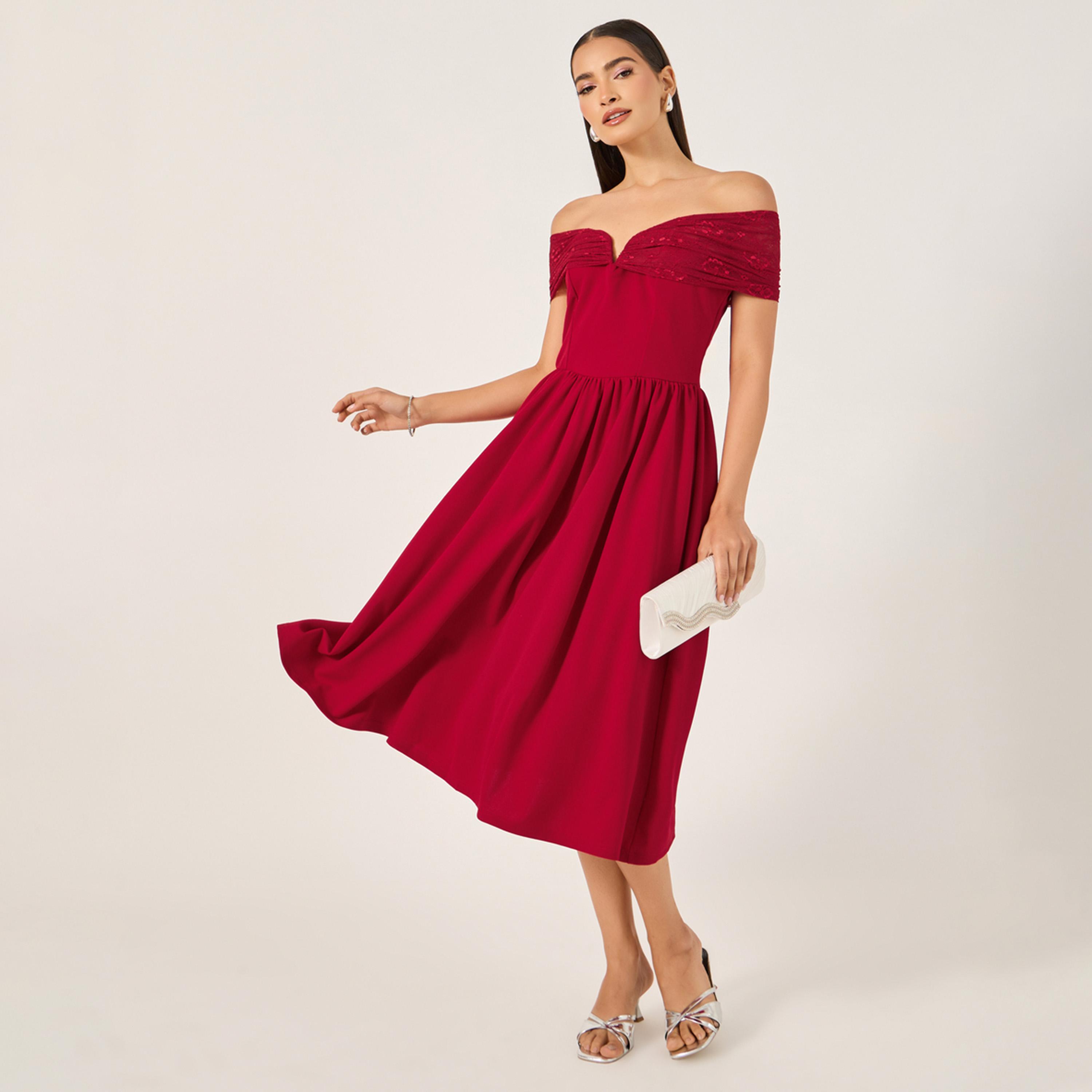 ستايلي - فستان متوسط الطول بفتحة رقبة وقصّة A وأكتاف مكشوفة-women-clothing-dresses-image-1