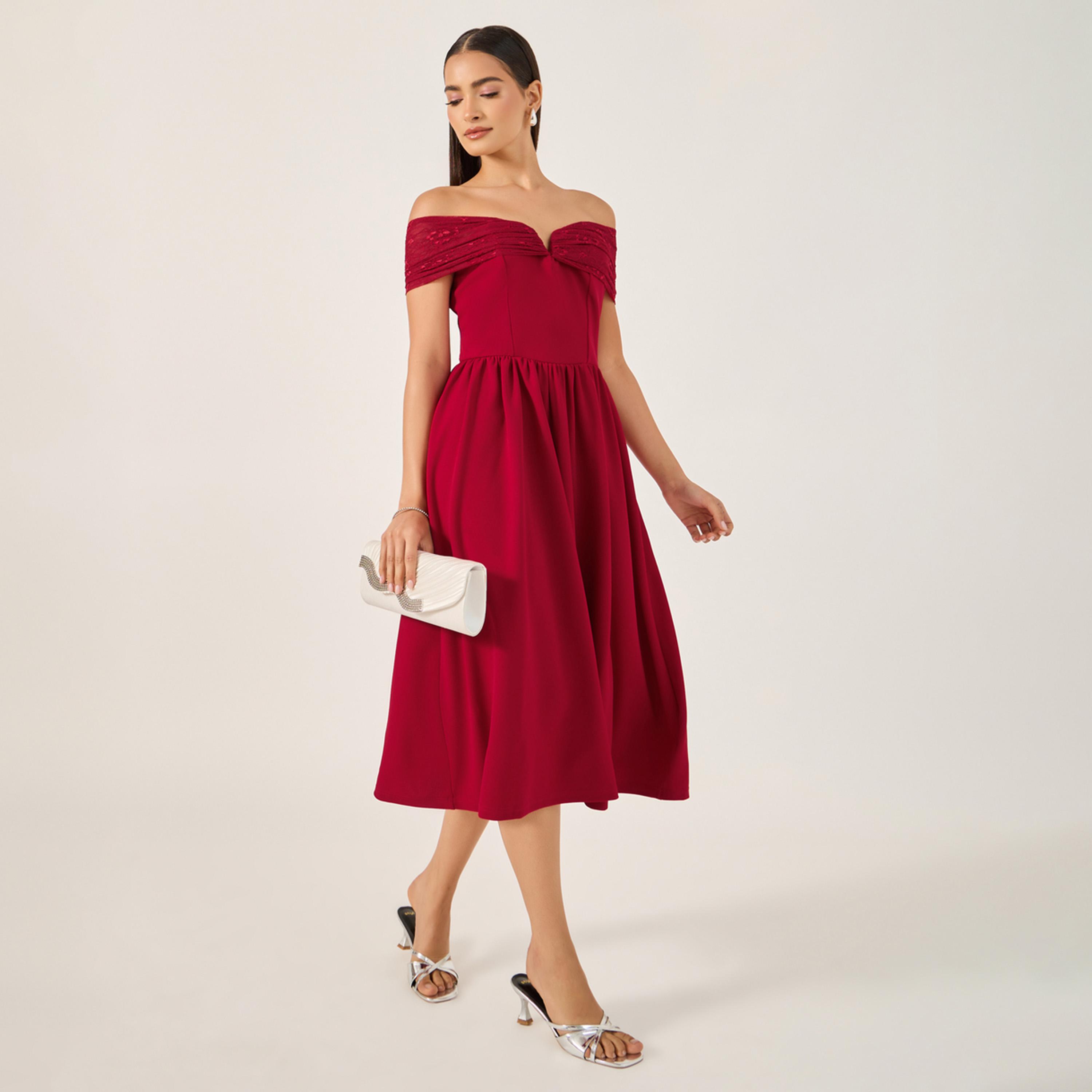 Styli Solid Off Shoulder Neck A-Line Midi Dress-women-clothing-dresses-image-2