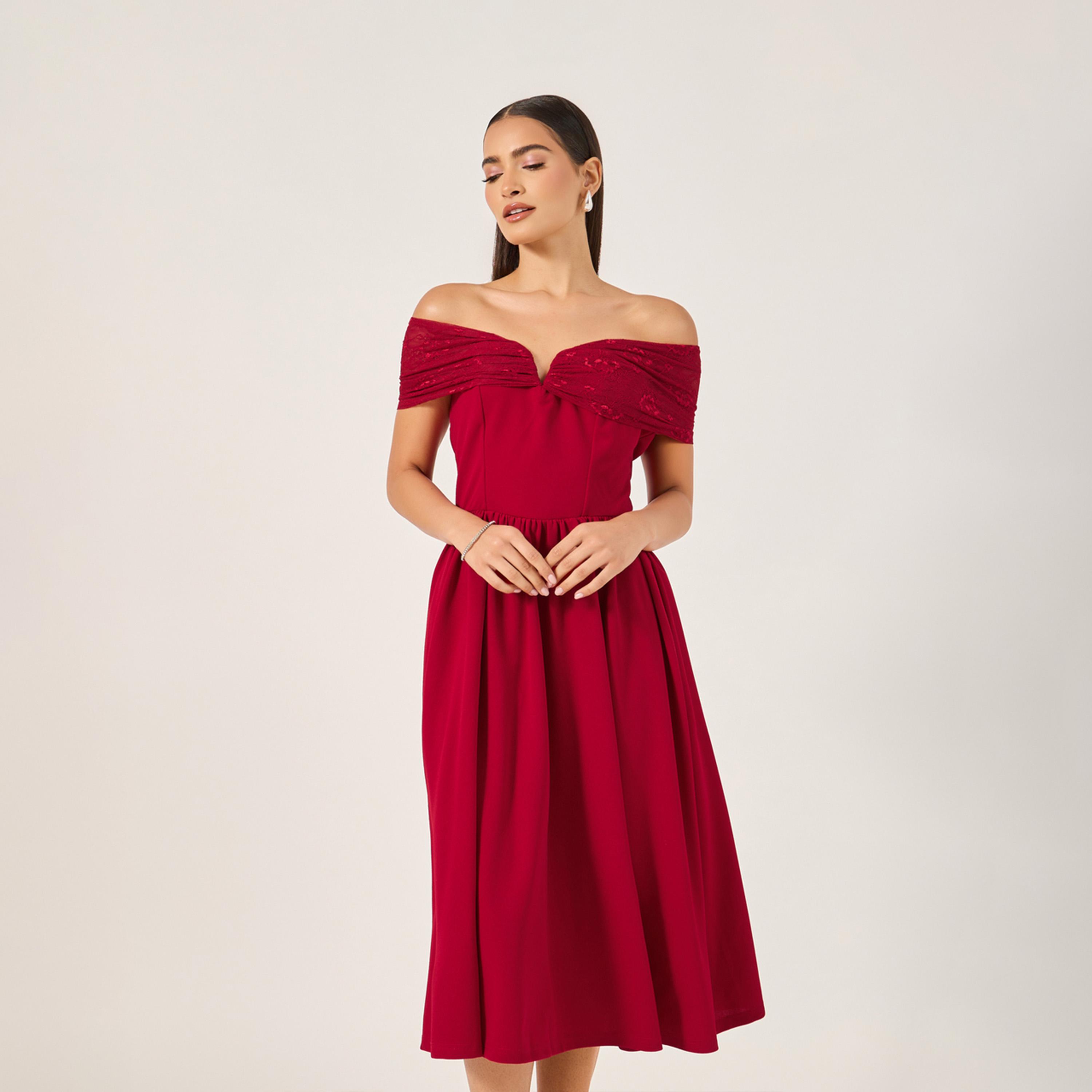 Styli Solid Off Shoulder Neck A-Line Midi Dress-women-clothing-dresses-image-3