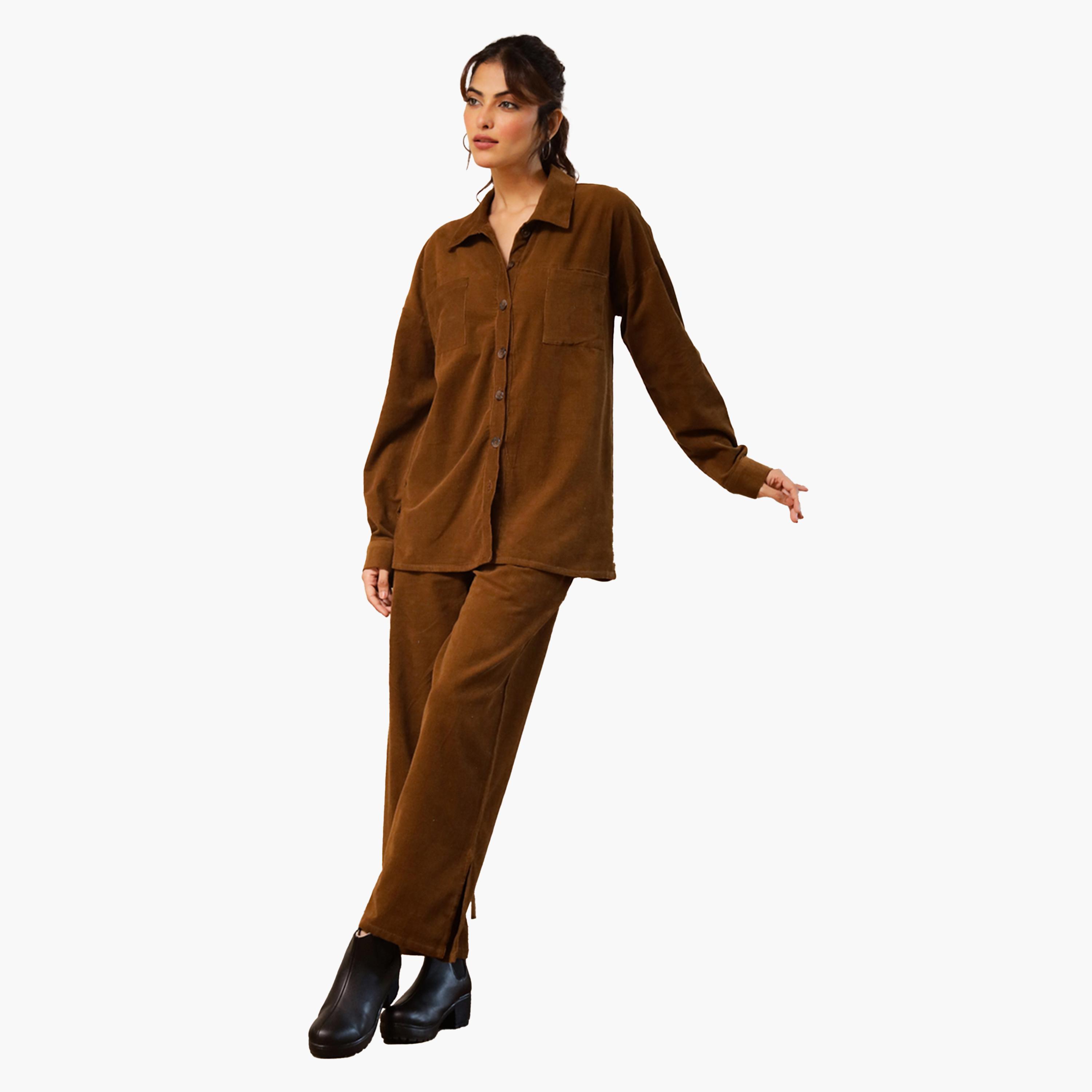 Sanskrutihomes X Styli Long Sleeves Corduroy Shirt With Trousers-women-clothing-coordsets-image-1