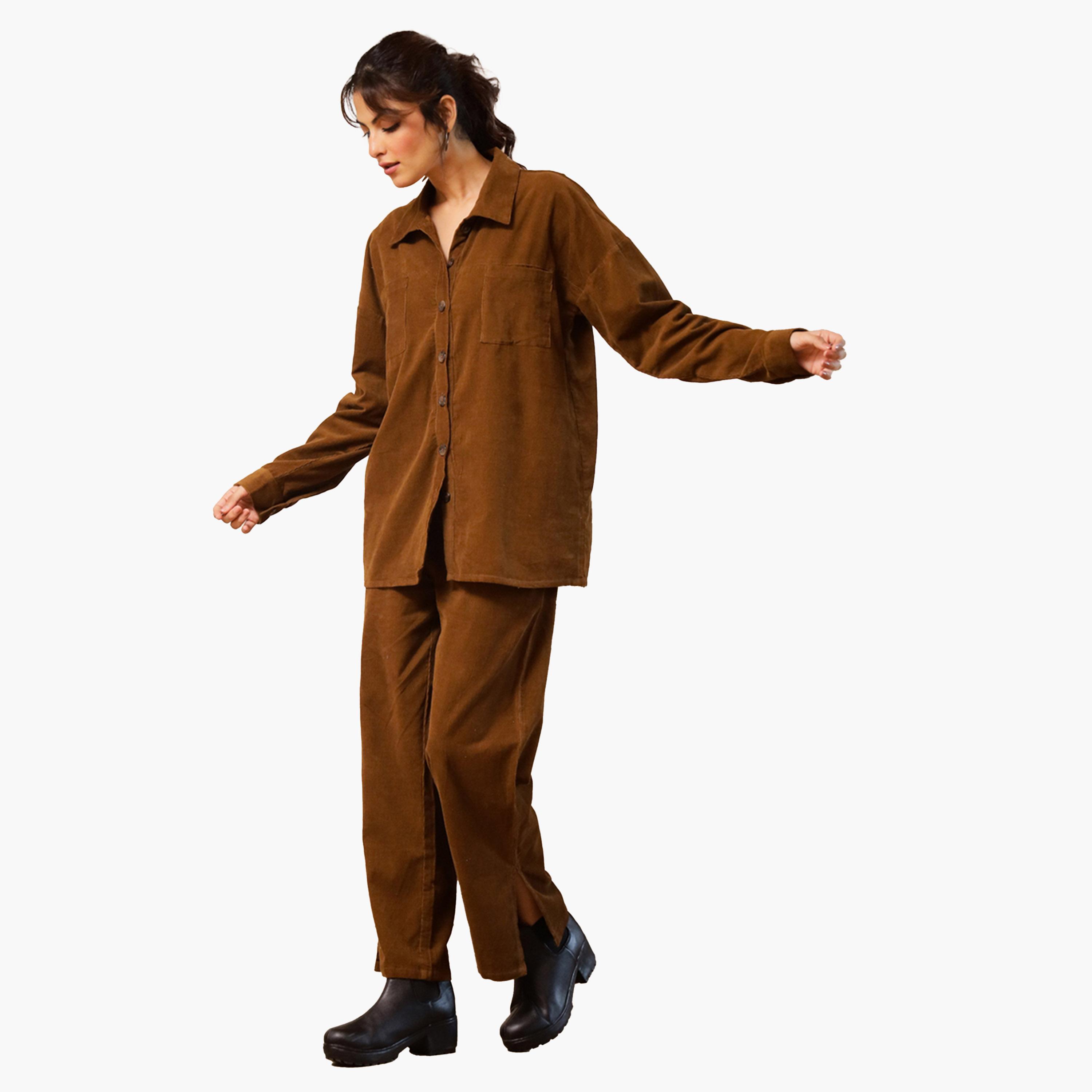 Sanskrutihomes X Styli Long Sleeves Corduroy Shirt With Trousers-women-clothing-coordsets-image-3