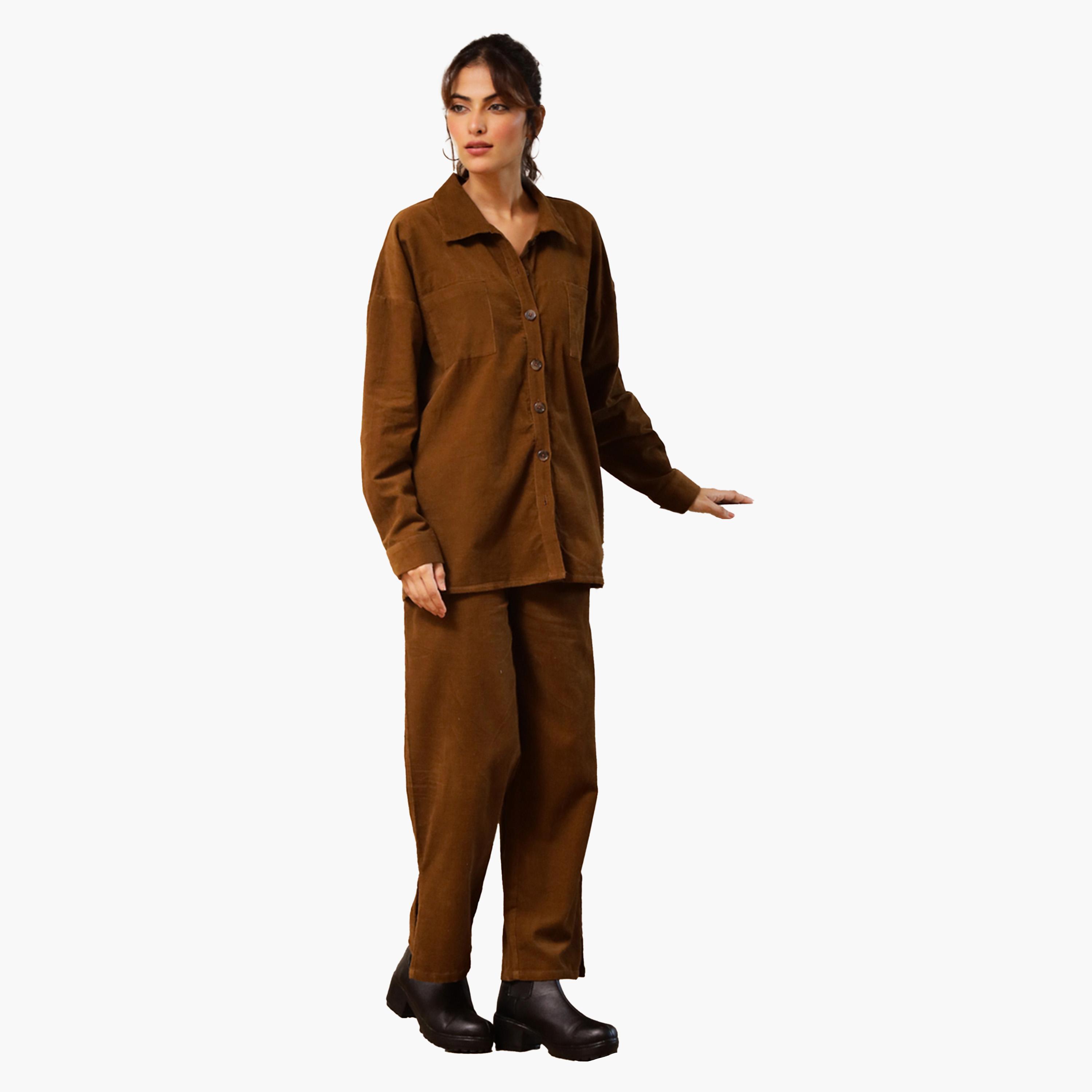 Sanskrutihomes X Styli Long Sleeves Corduroy Shirt With Trousers-women-clothing-coordsets-image-4