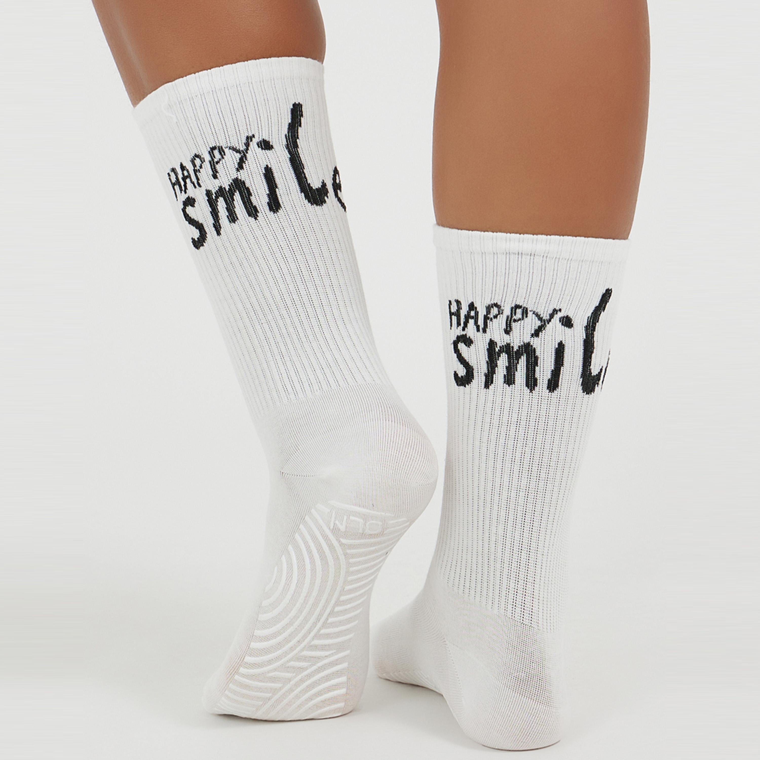 Styli Text Print Silicon Pad Base Crew Yoga Socks-women-socksandstockings-image-1