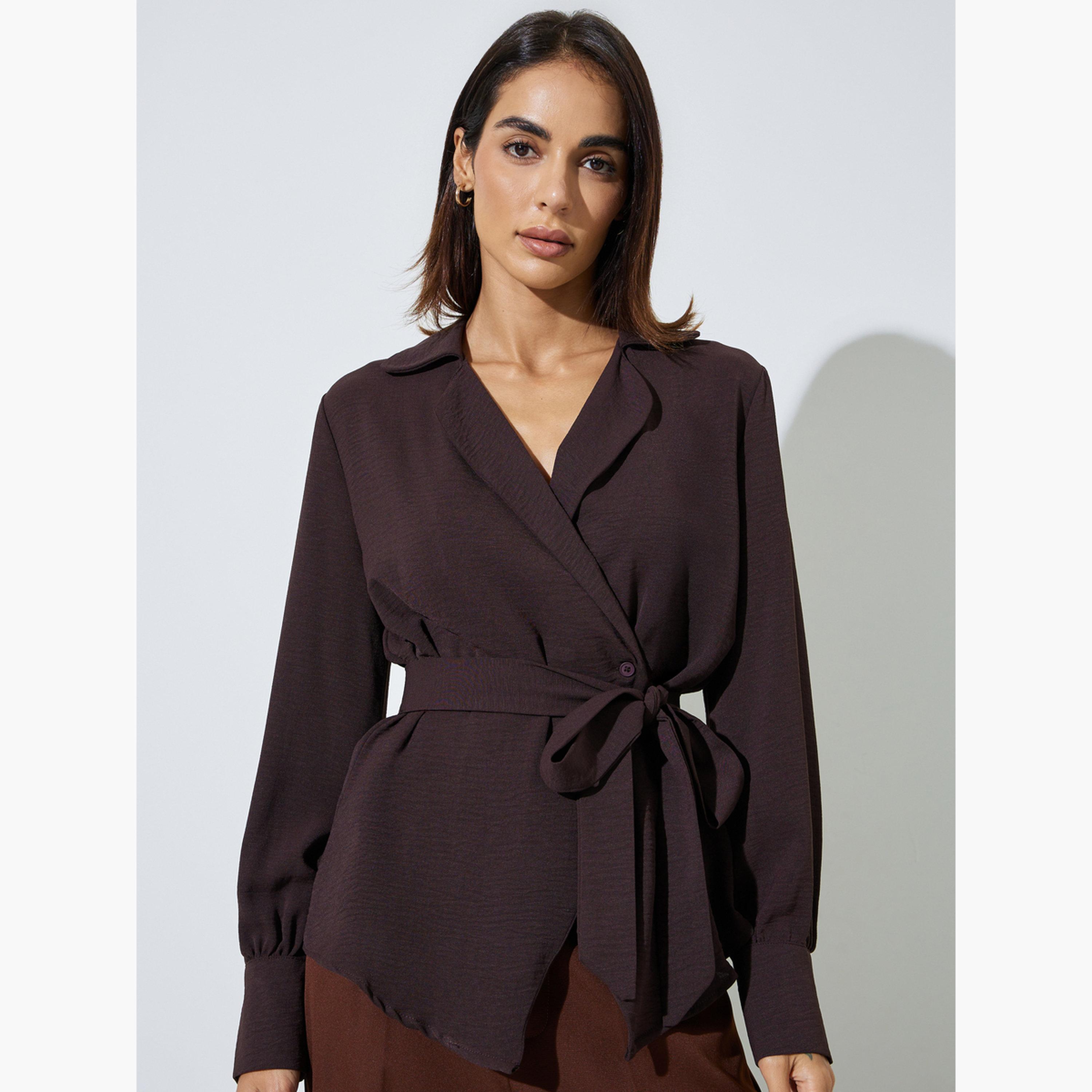 Styli Brown Textured Long Sleeves Belted Wrap Top-women-clothing-shirtsandblouses-blouses-image-1