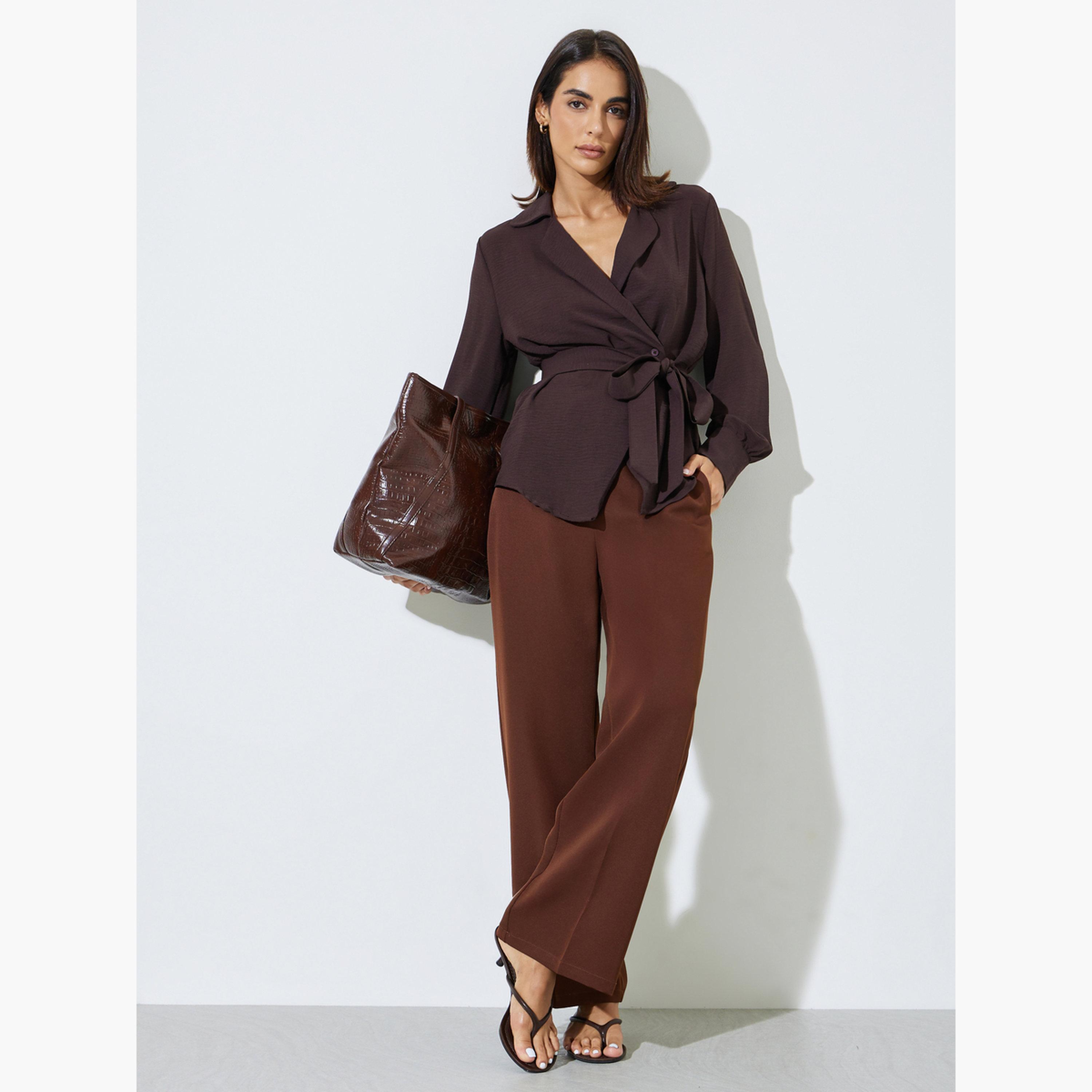 Styli Brown Textured Long Sleeves Belted Wrap Top-women-clothing-shirtsandblouses-blouses-image-2