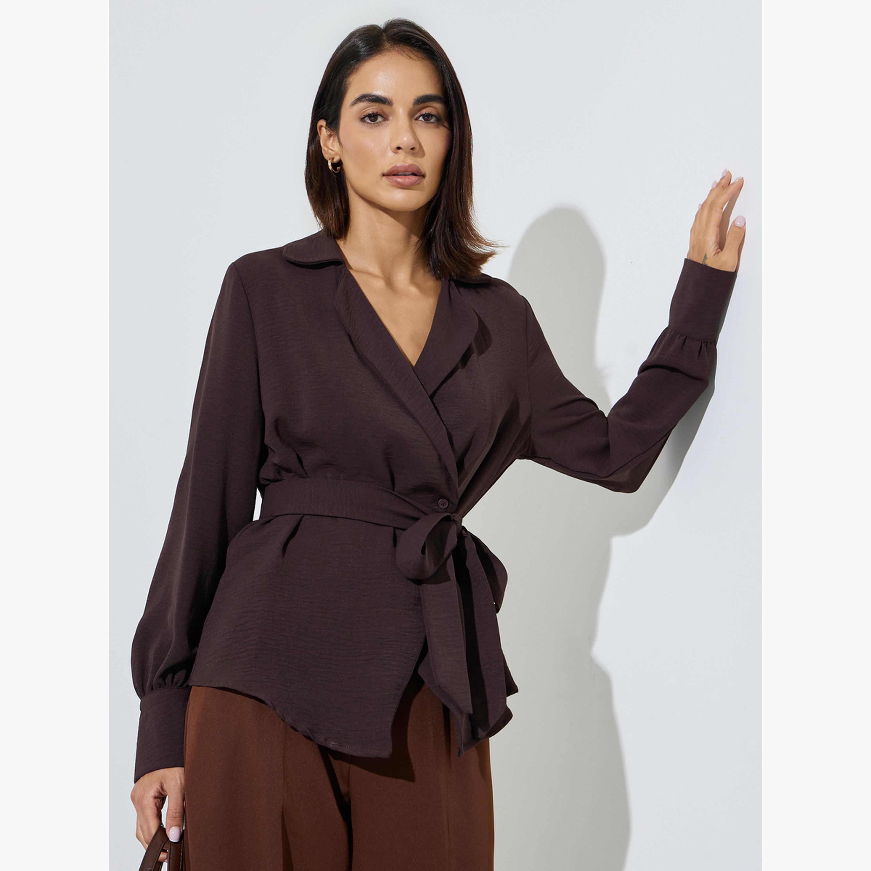 Styli Brown Textured Long Sleeves Belted Wrap Top-women-clothing-shirtsandblouses-blouses-image-3