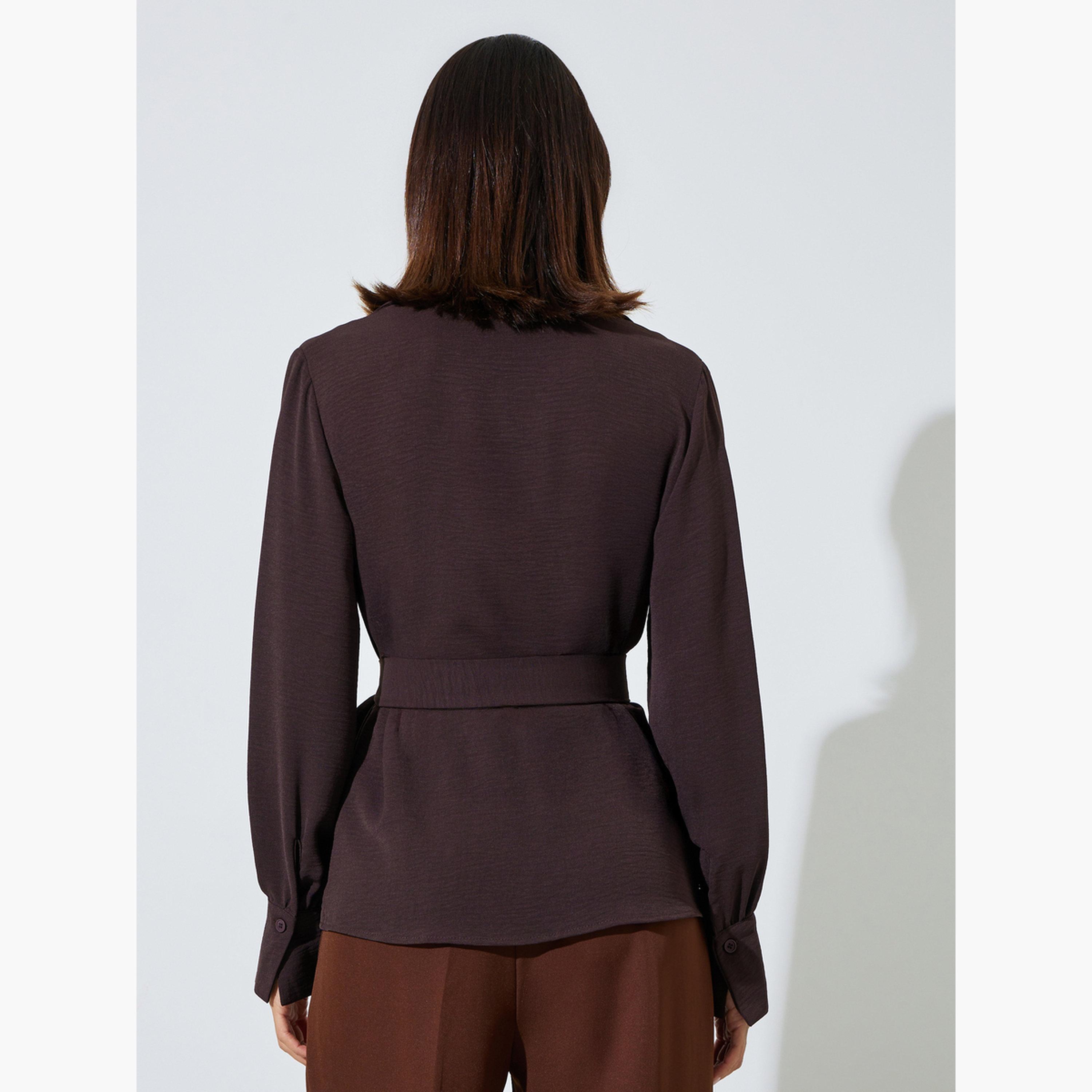 Styli Brown Textured Long Sleeves Belted Wrap Top-women-clothing-shirtsandblouses-blouses-image-4