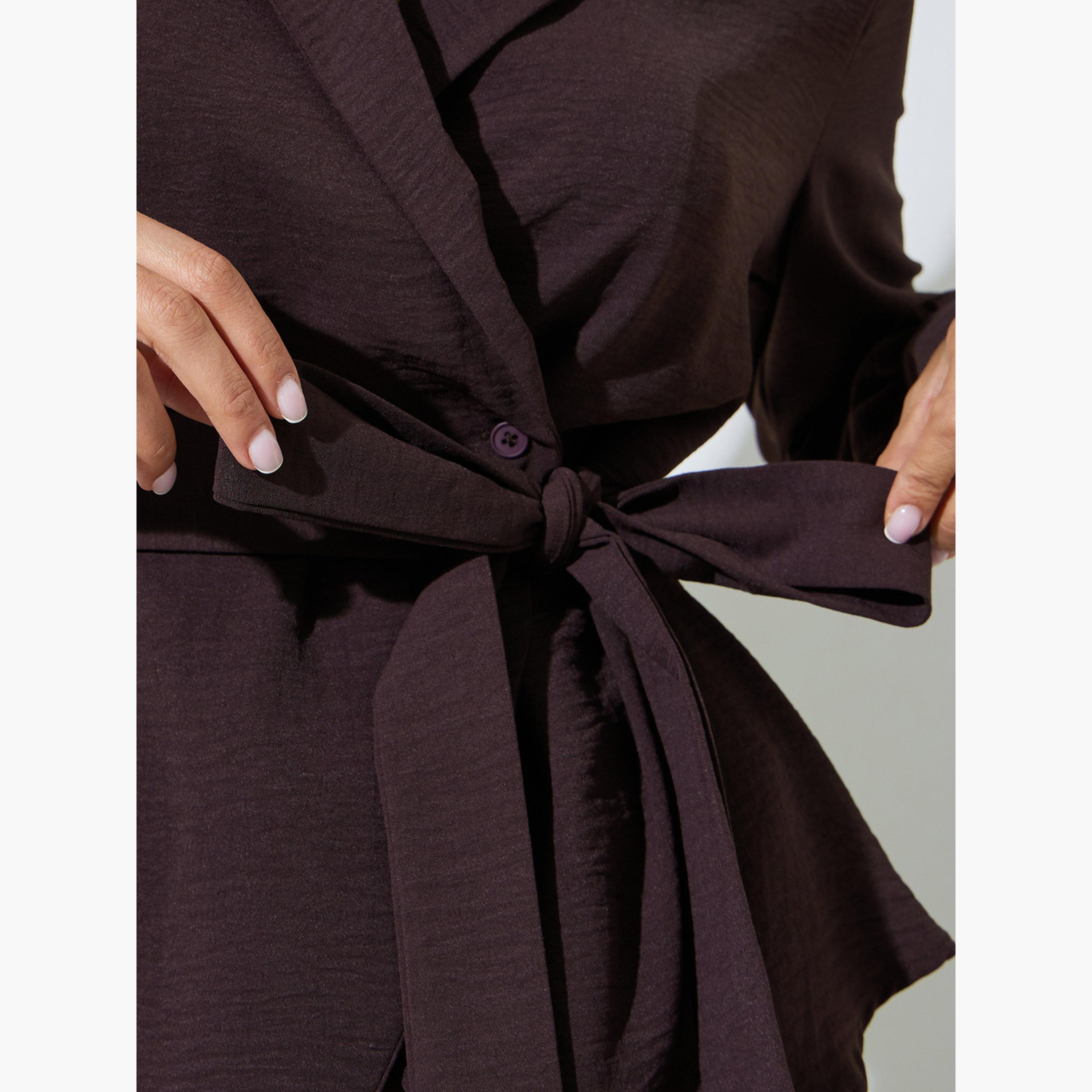 Styli Brown Textured Long Sleeves Belted Wrap Top-women-clothing-shirtsandblouses-blouses-image-5